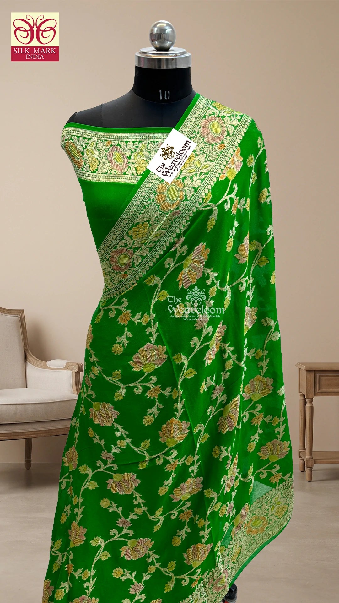 Green Floral Jaal Work Pure Crepe Georgette Banarasi Saree by The Weaveloom