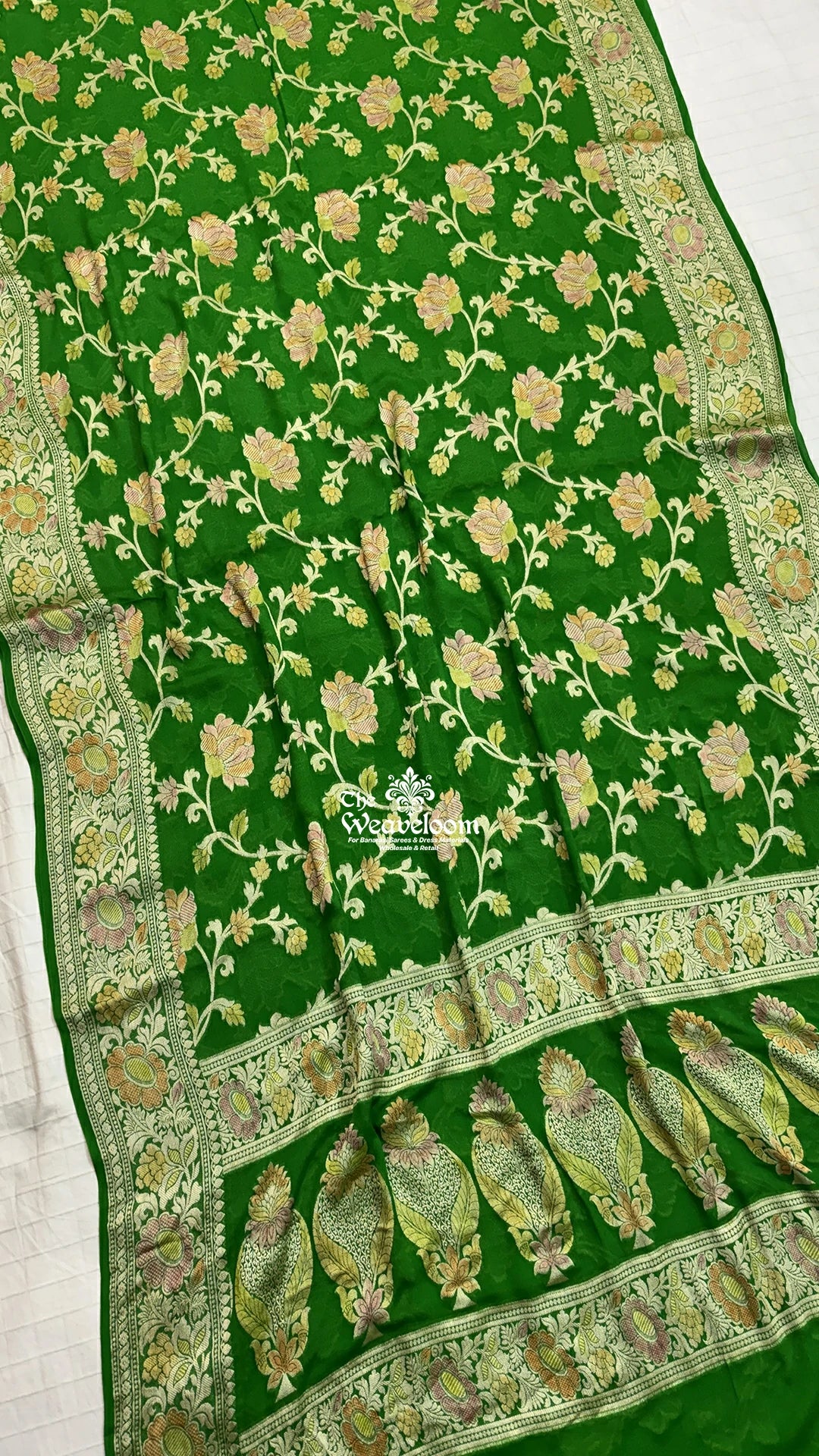 Green Floral Jaal Work Pure Crepe Georgette Banarasi Saree by The Weaveloom
