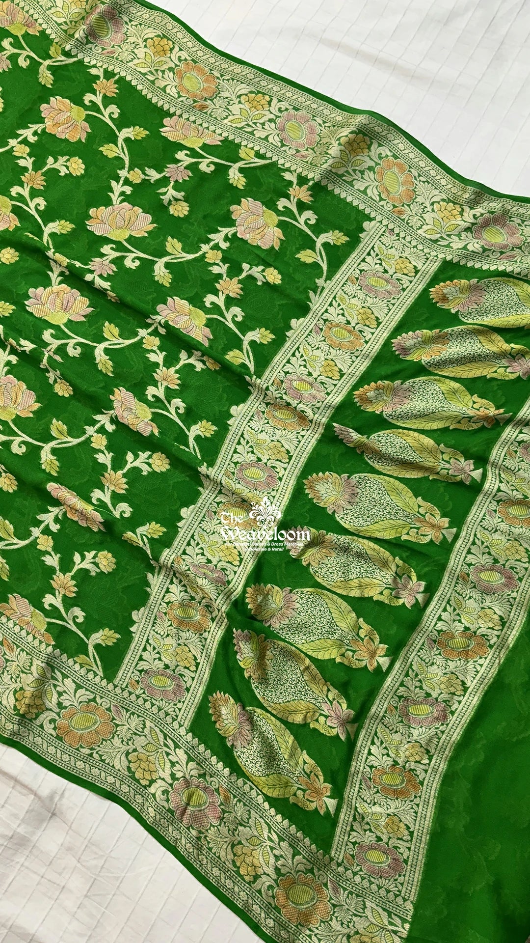Green Floral Jaal Work Pure Crepe Georgette Banarasi Saree by The Weaveloom