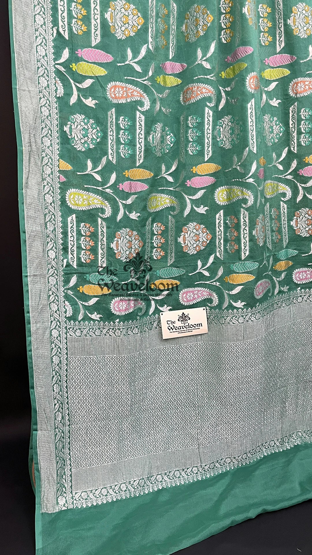 Green Paisley Meenakari Khaddi Georgette Pure Banarasi Saree with Silver Zari by The Weaveloom