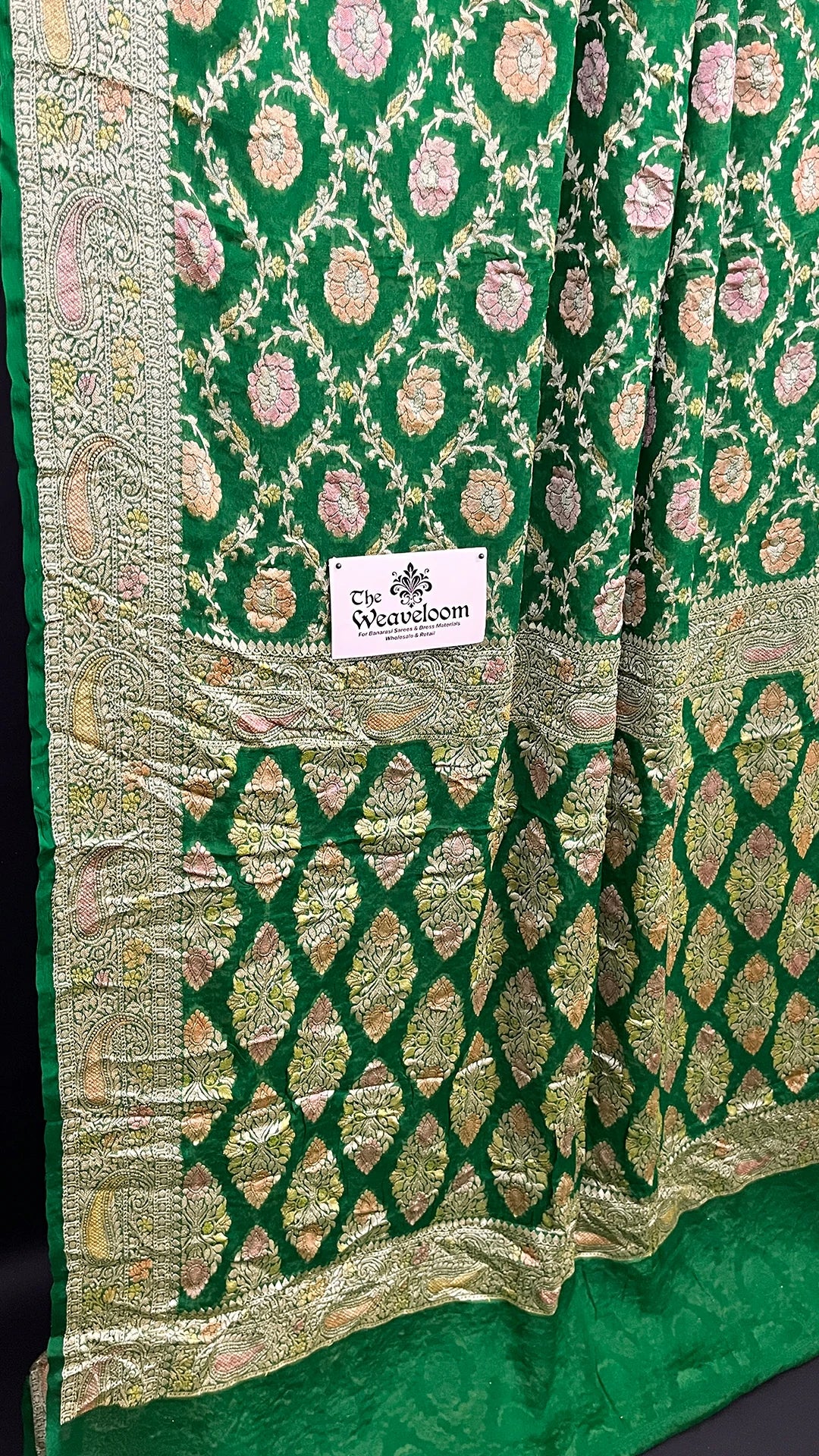 Green Pure Crepe Georgette Banarasi Saree Handbrush Zari Floral Buta - The Weaveloom