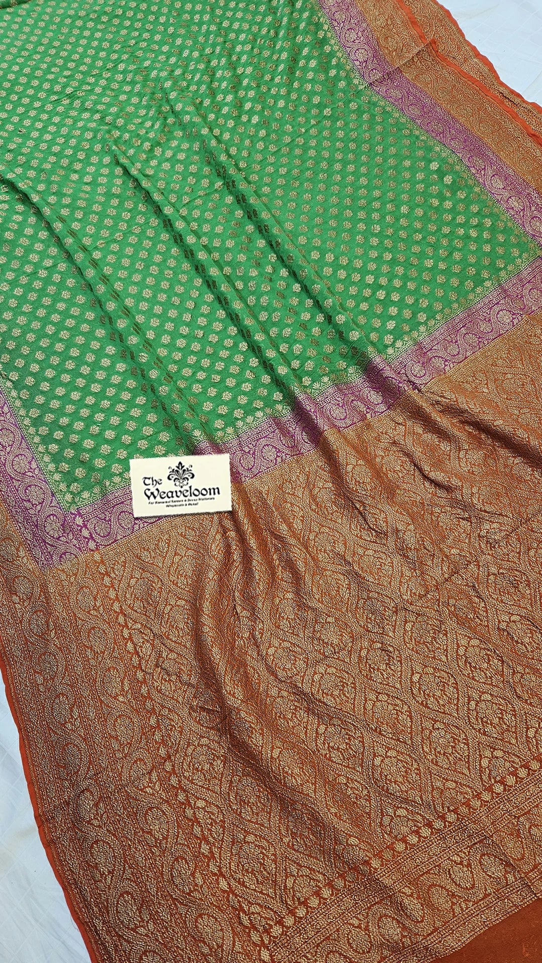 Green Pure Khaddi Georgette Antique Zari Banarasi Saree with running blouse by The Weaveloom
