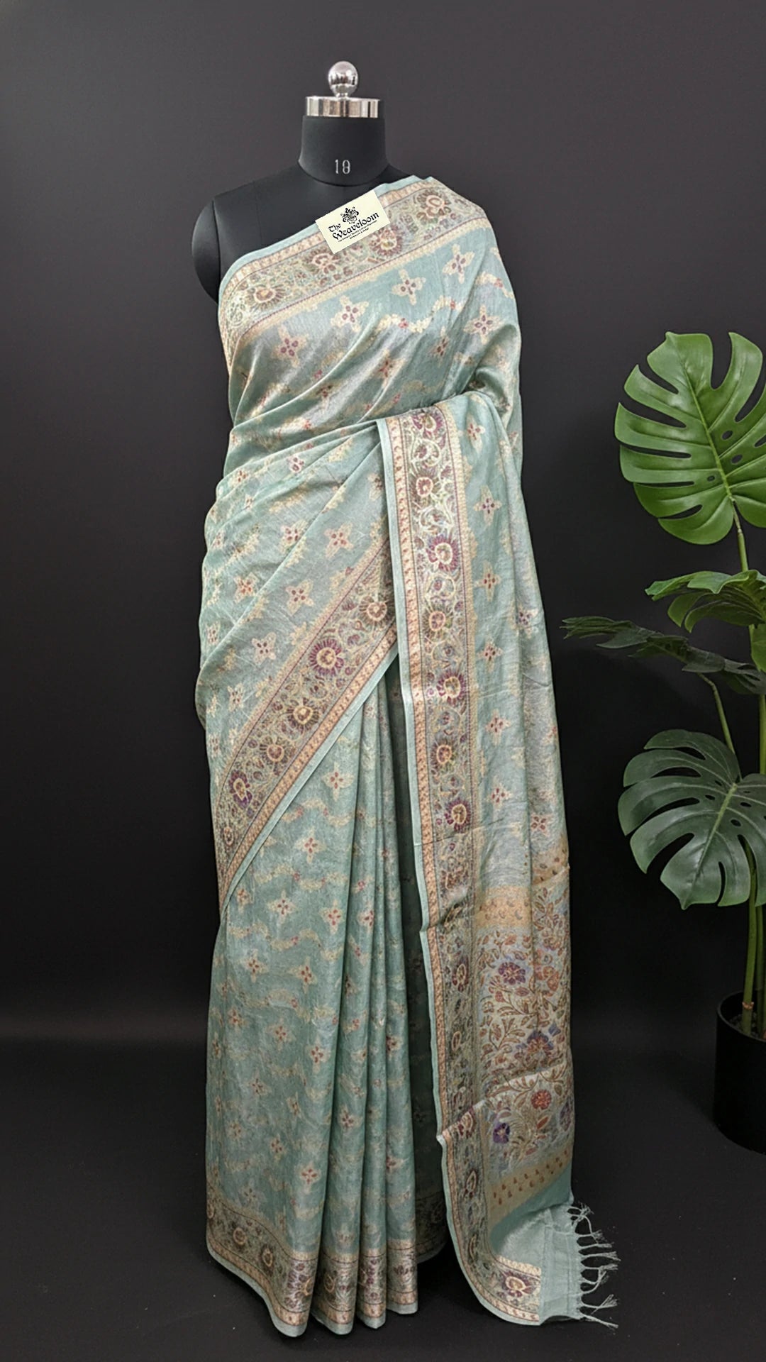 Green - Pure Tussar Silk Pure Banarasi Saree with Meenakari Pastel Sage Floral Border | The Weaveloom