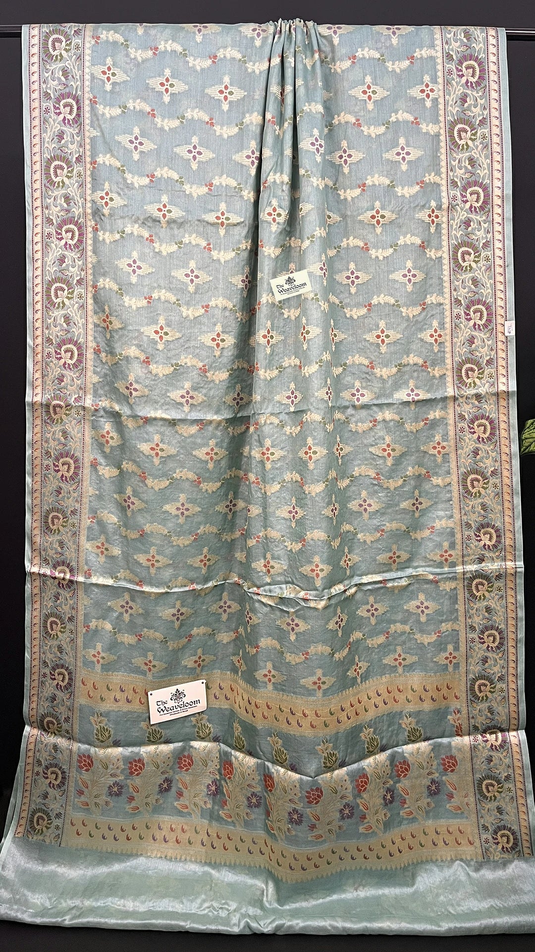 Green - Pure Tussar Silk Pure Banarasi Saree with Meenakari Pastel Sage Floral Border | The Weaveloom