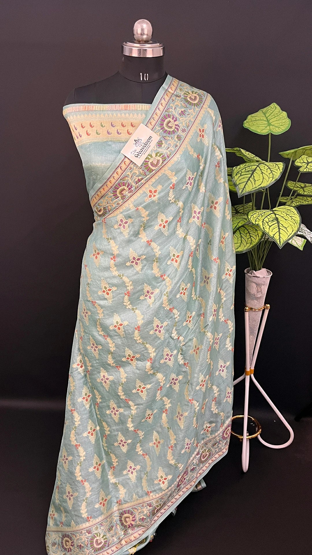 Green - Pure Tussar Silk Pure Banarasi Saree with Meenakari Pastel Sage Floral Border | The Weaveloom