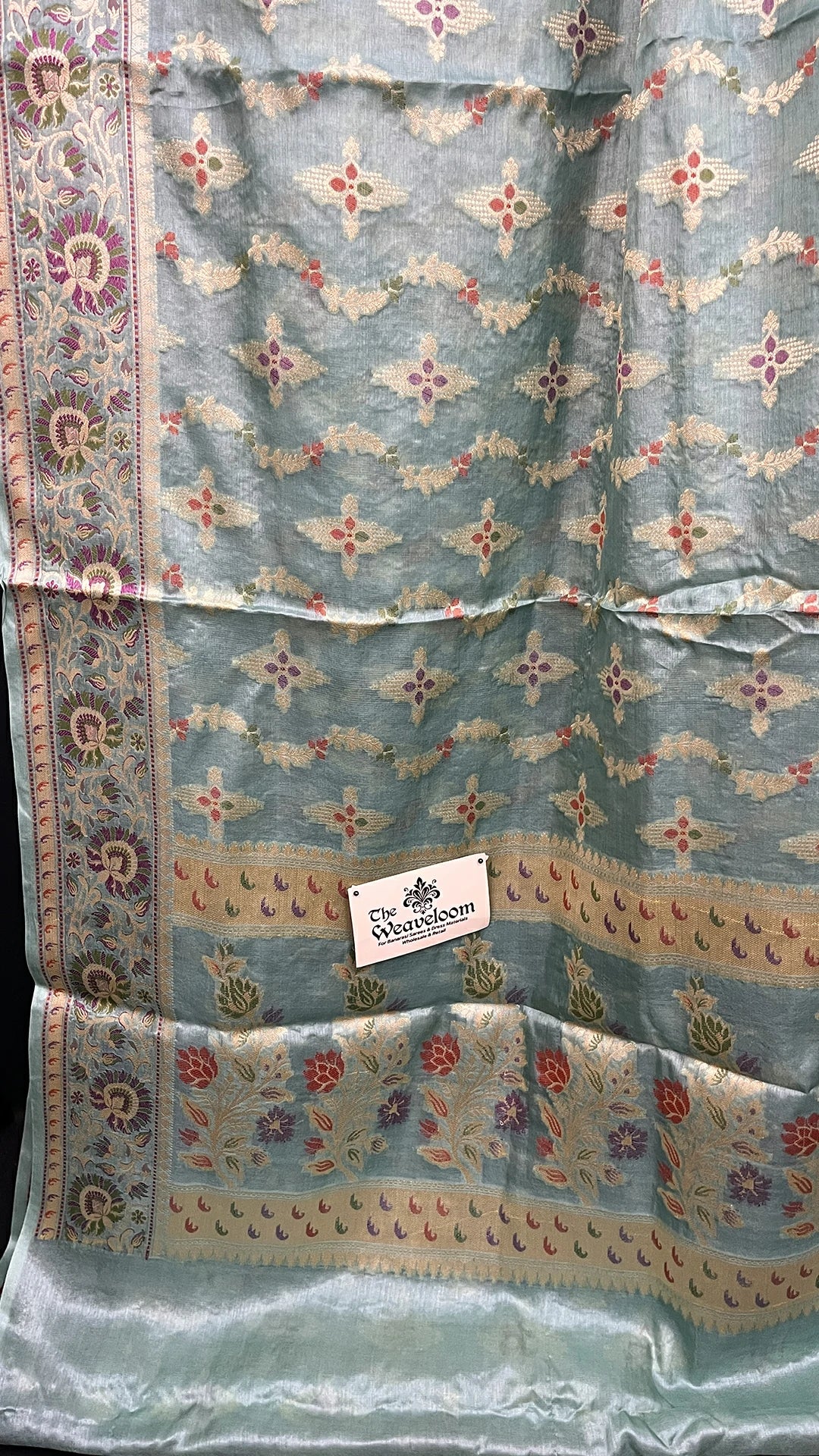 Green - Pure Tussar Silk Pure Banarasi Saree with Meenakari Pastel Sage Floral Border | The Weaveloom