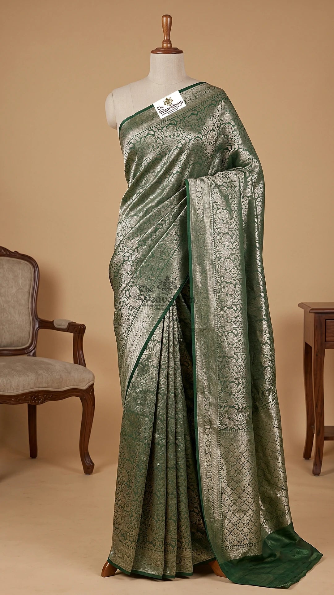 Green rose motif tissue silk brocade pure Banarasi saree by The Weaveloom