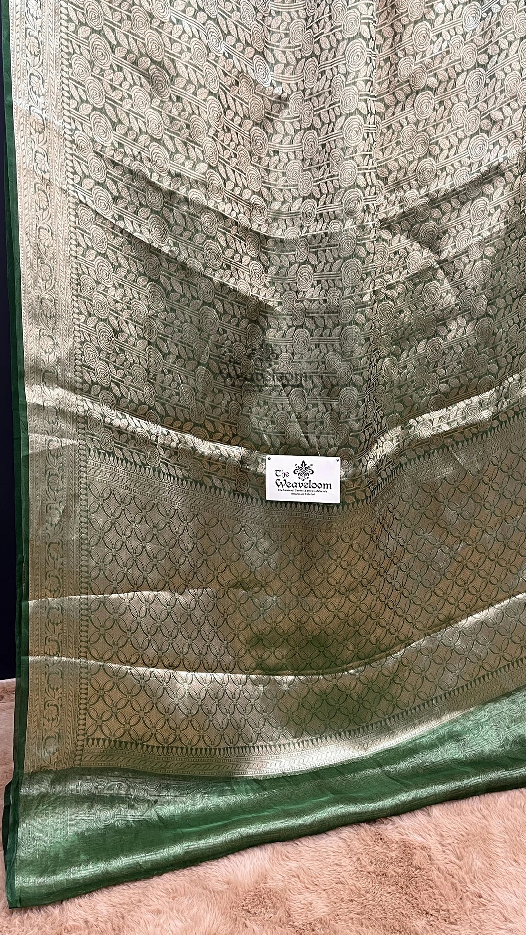 Green rose motif tissue silk brocade pure Banarasi saree by The Weaveloom