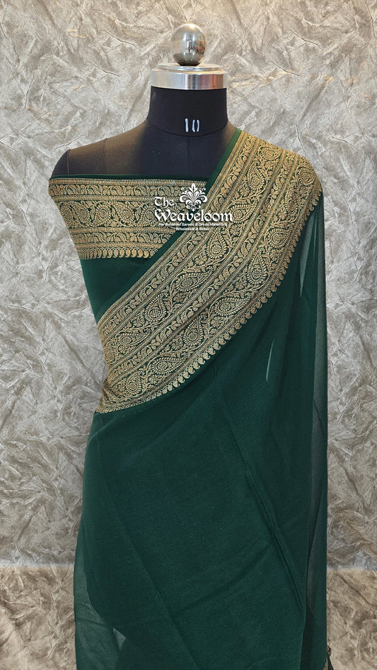Green Khaddi Georgette Antique Zari Pure Banarasi Saree by The Weaveloom