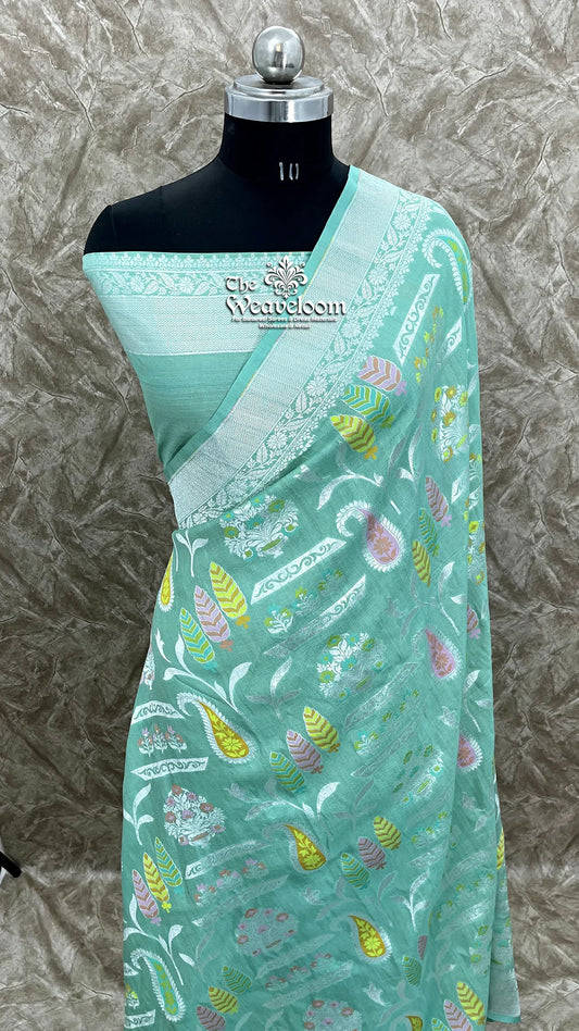 Green Pure Tussar Georgette Meenakari Banarasi Saree by The Weaveloom