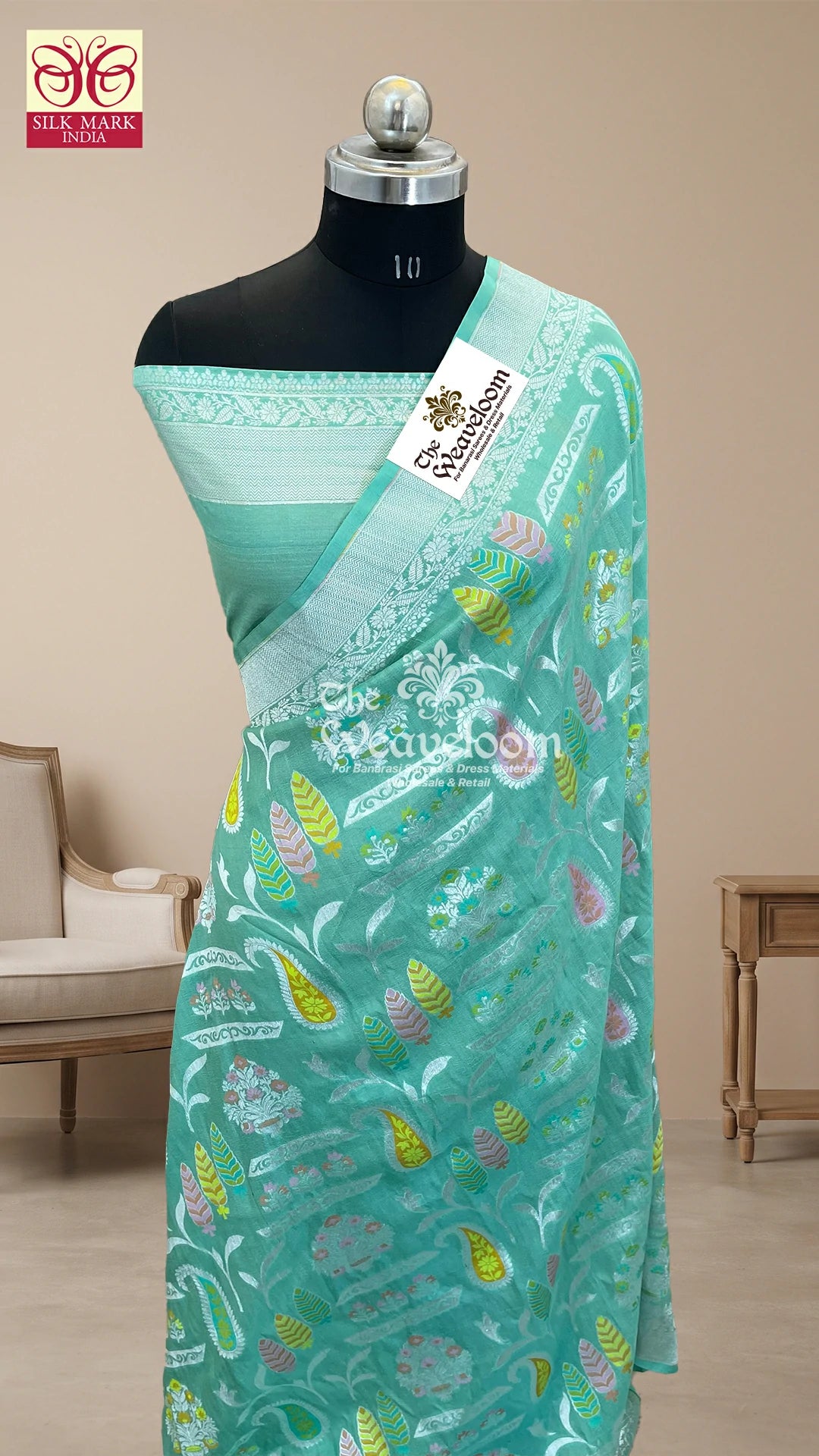 Green Pure Tussar Georgette Meenakari Banarasi Saree by The Weaveloom