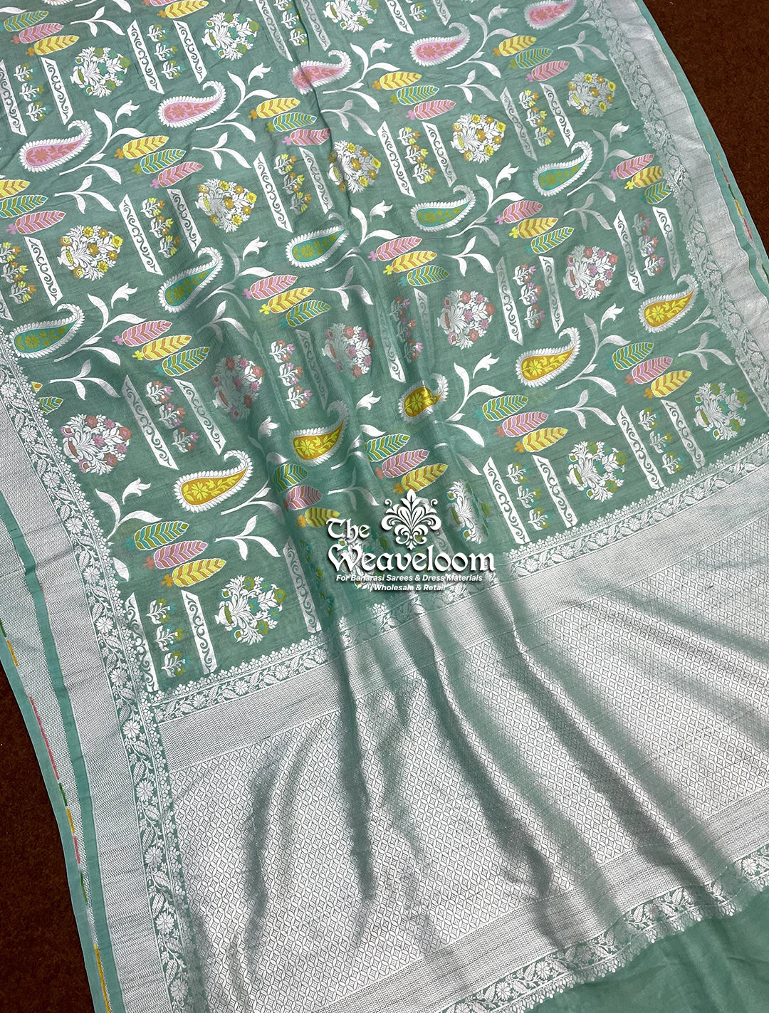 Green Pure Tussar Georgette Meenakari Banarasi Saree by The Weaveloom