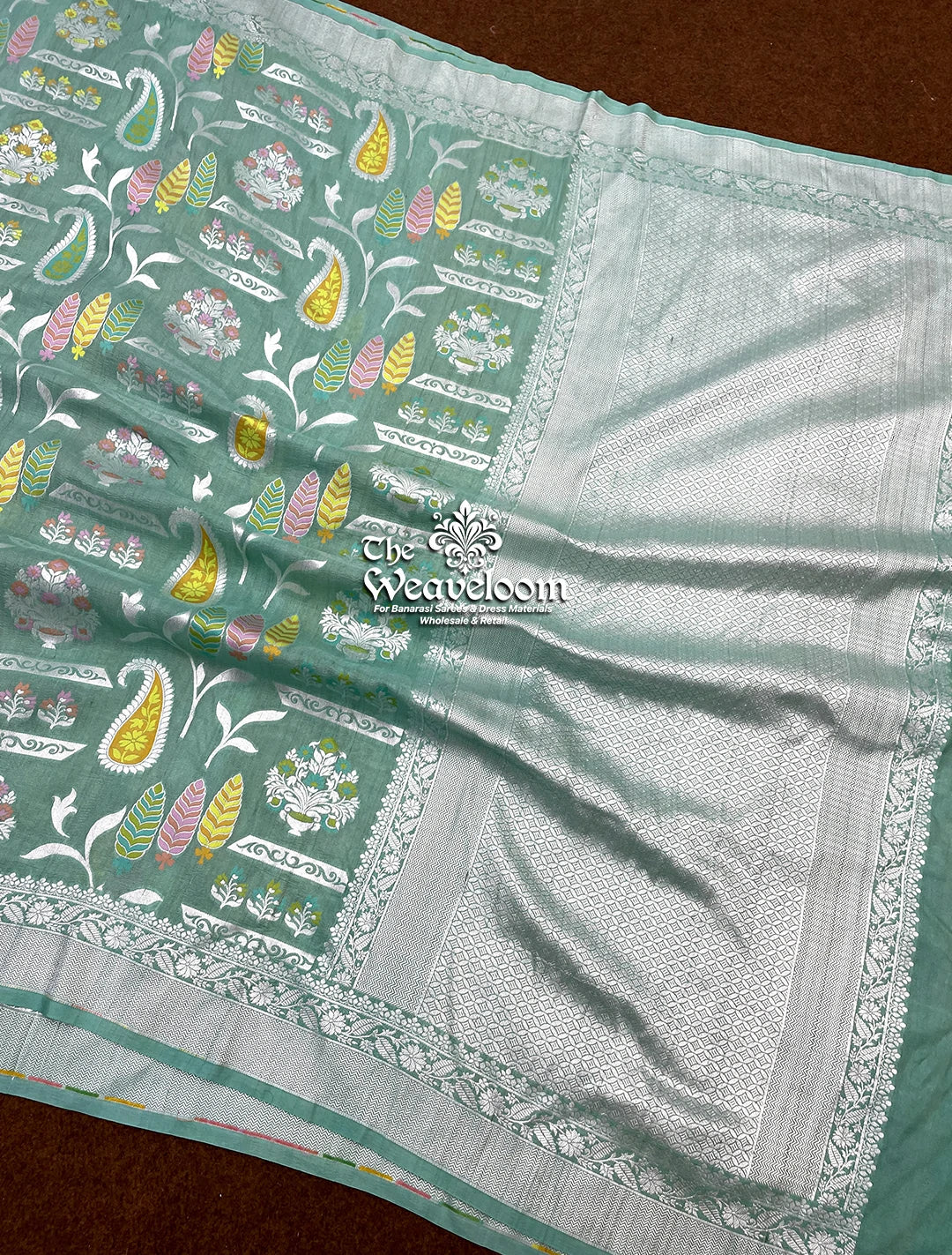 Green Pure Tussar Georgette Meenakari Banarasi Saree by The Weaveloom