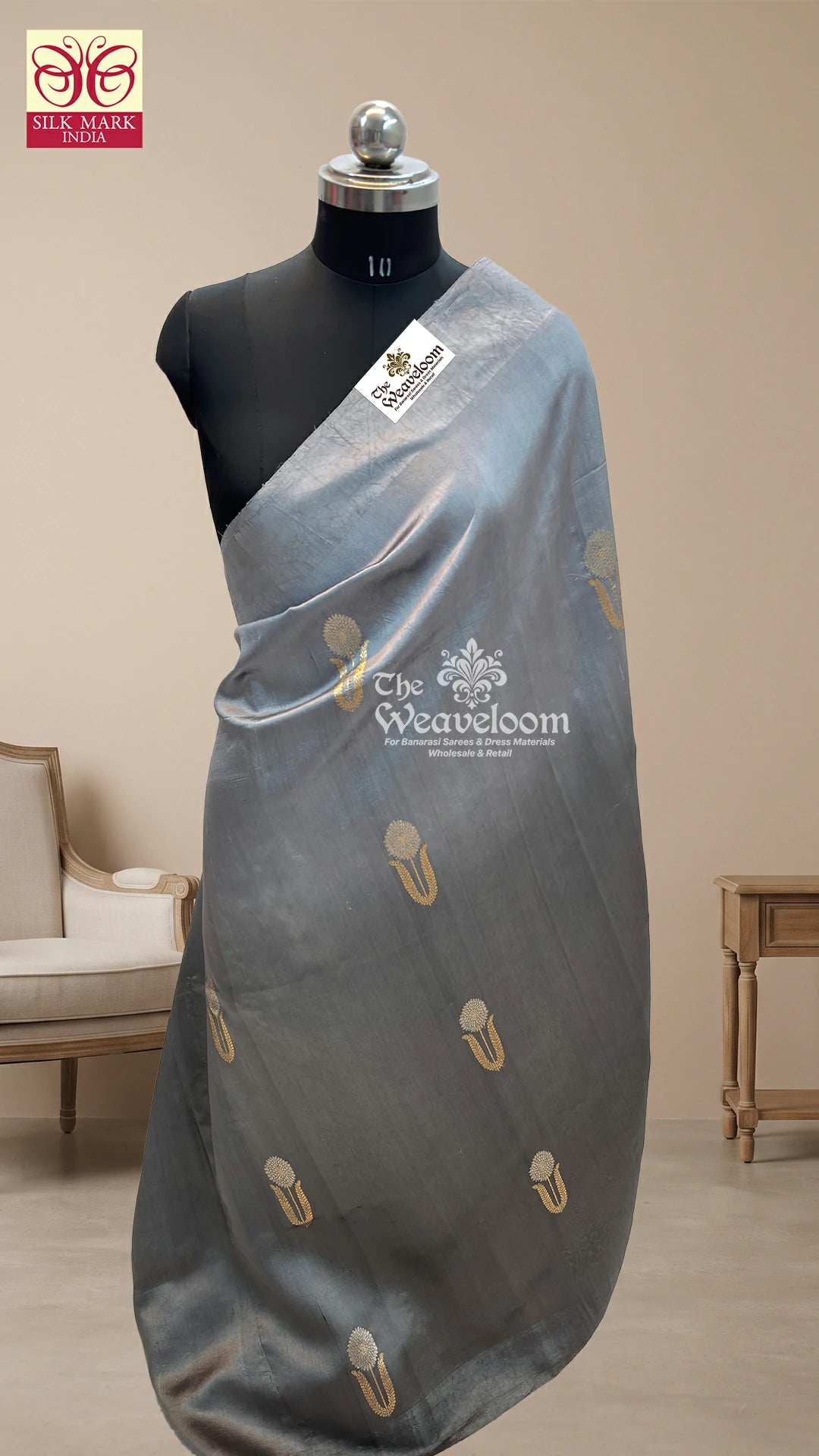 Grey antique gold buti handloom Banarasi saree with Kadwa weave pallu by The Weaveloom