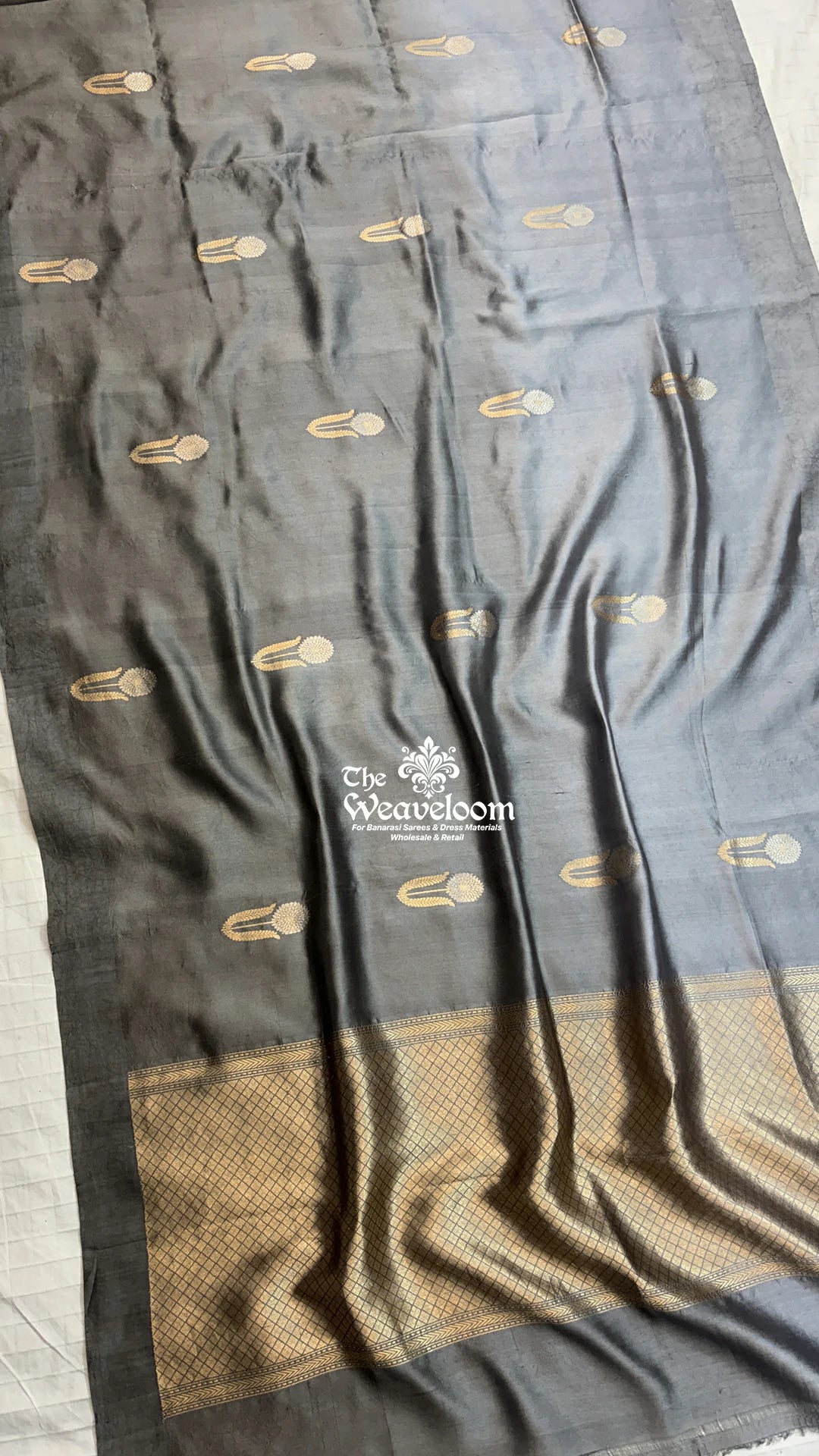 Grey antique gold buti handloom Banarasi saree with Kadwa weave pallu by The Weaveloom