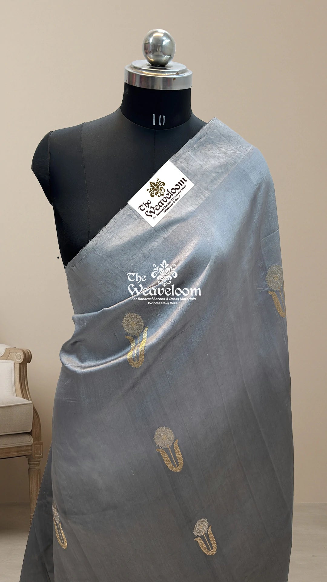 Grey antique gold buti handloom Banarasi saree with Kadwa weave pallu by The Weaveloom