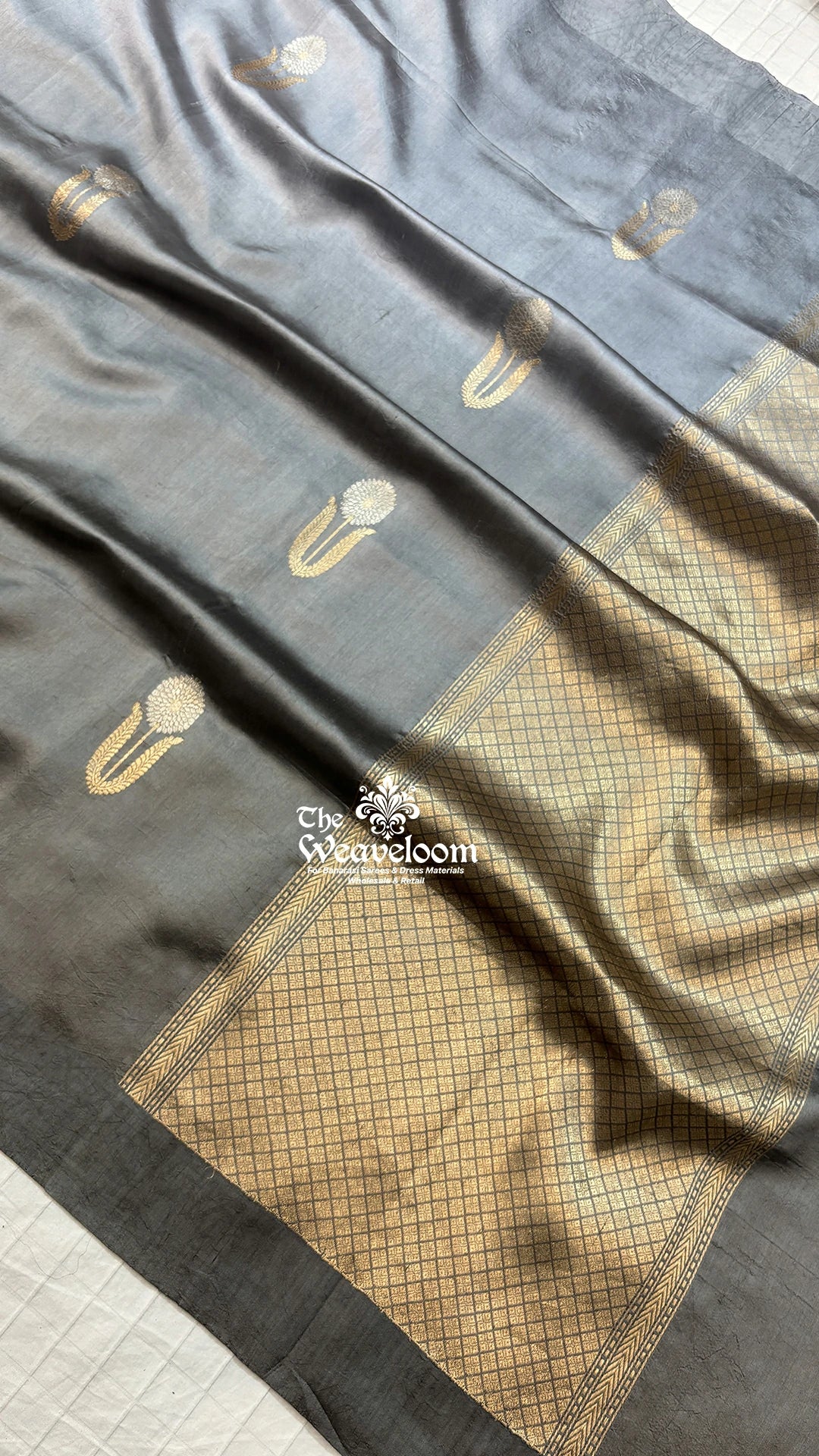 Grey antique gold buti handloom Banarasi saree with Kadwa weave pallu by The Weaveloom