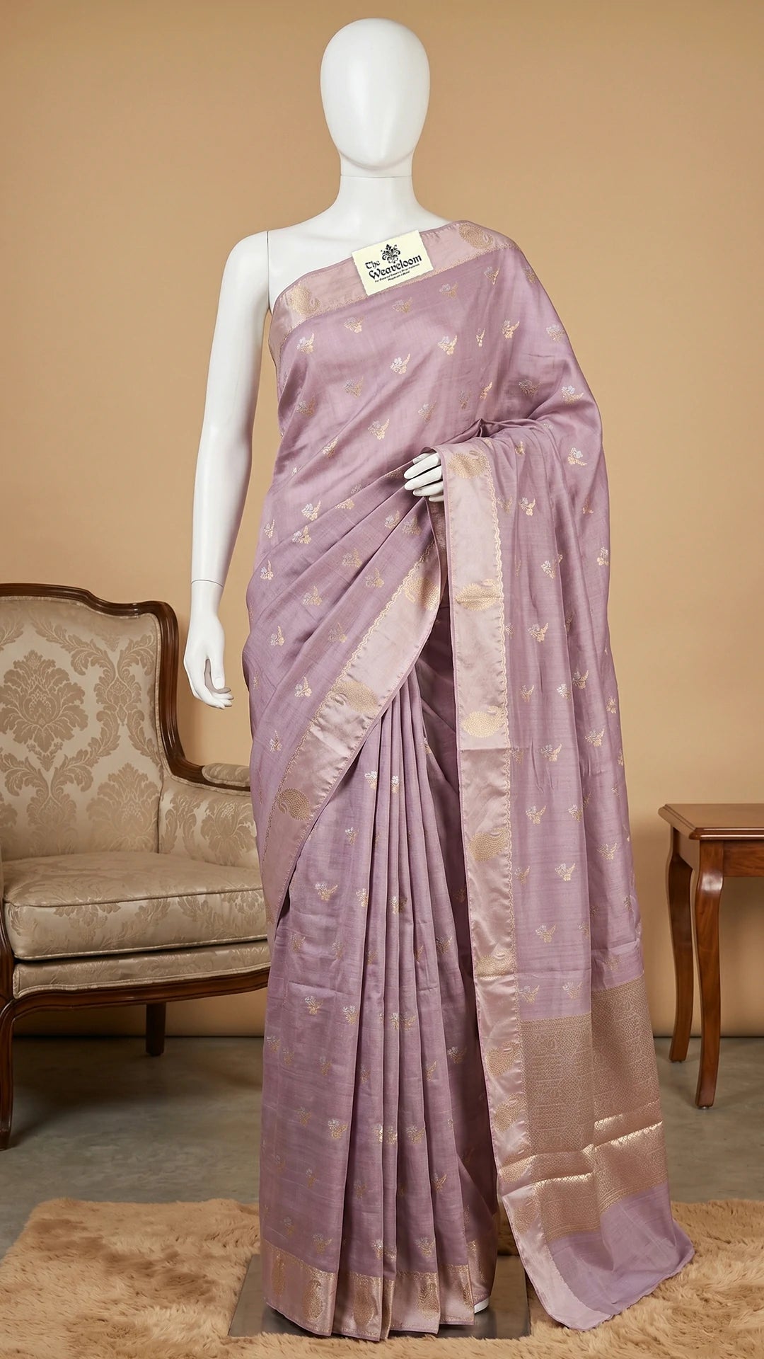 The Weaveloom Grey Bird Motif Chiniya Silk Pure Banarasi Saree With Golden Zari Border