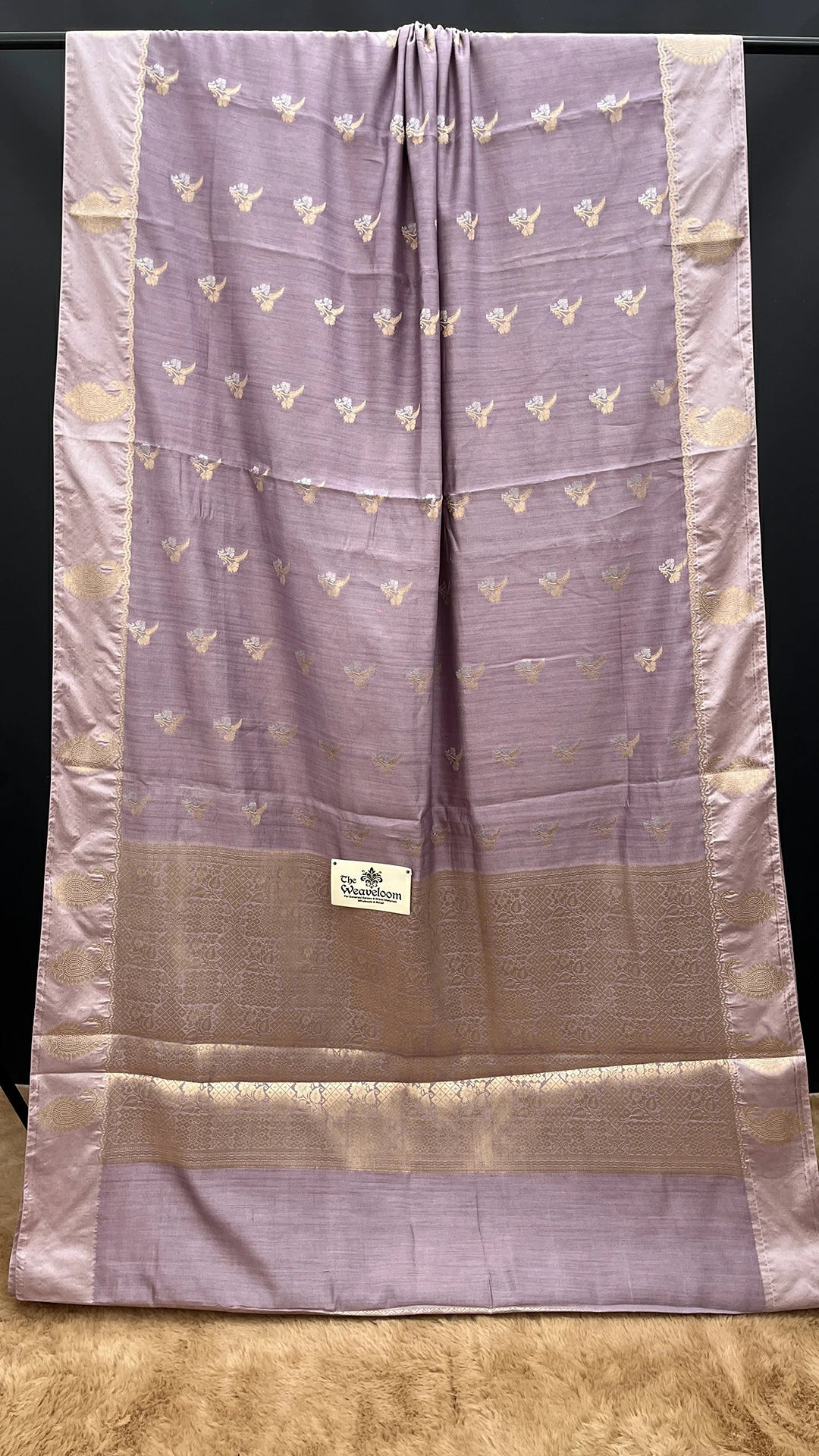 The Weaveloom Grey Bird Motif Chiniya Silk Pure Banarasi Saree With Golden Zari Border