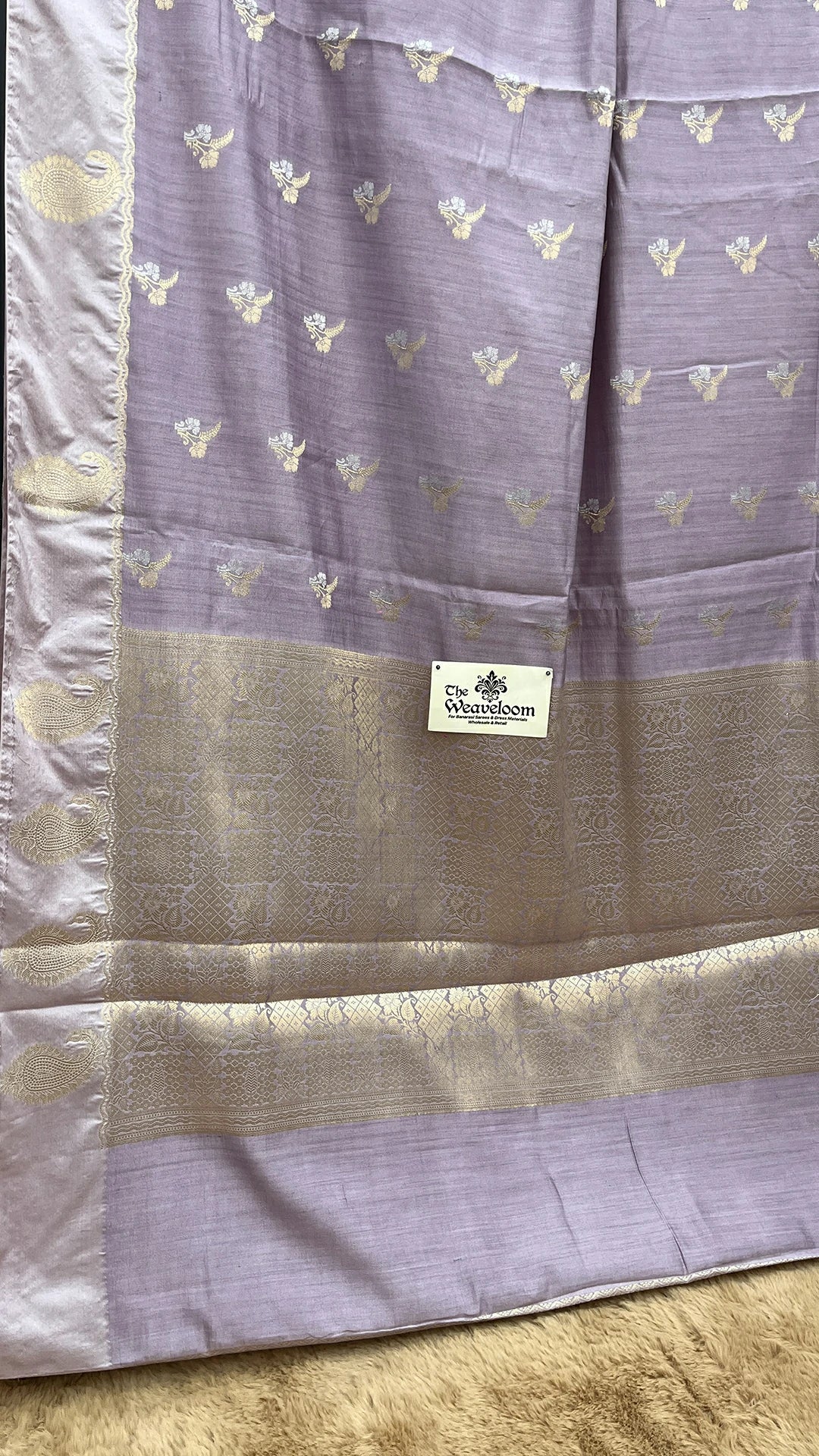 The Weaveloom Grey Bird Motif Chiniya Silk Pure Banarasi Saree With Golden Zari Border