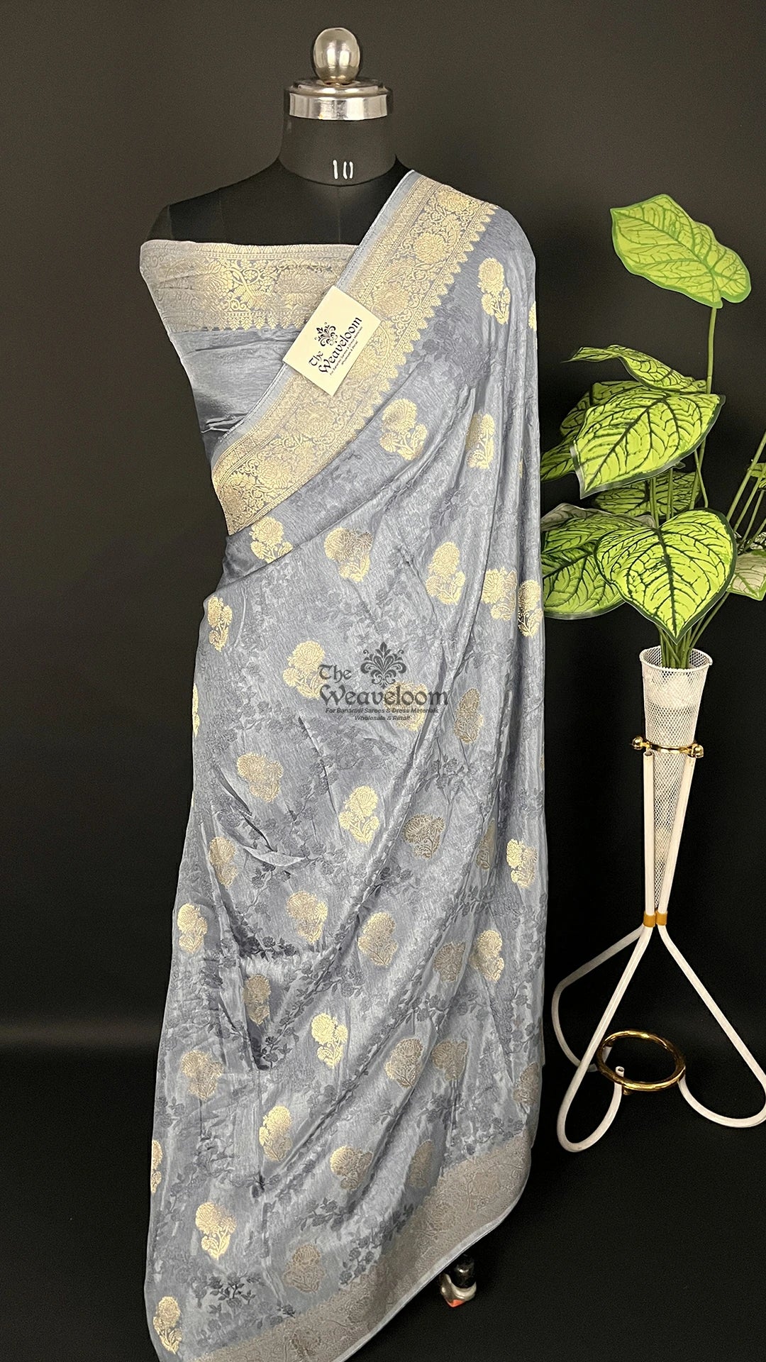 Grey floral woven pure viscose georgette saree by The Weaveloom