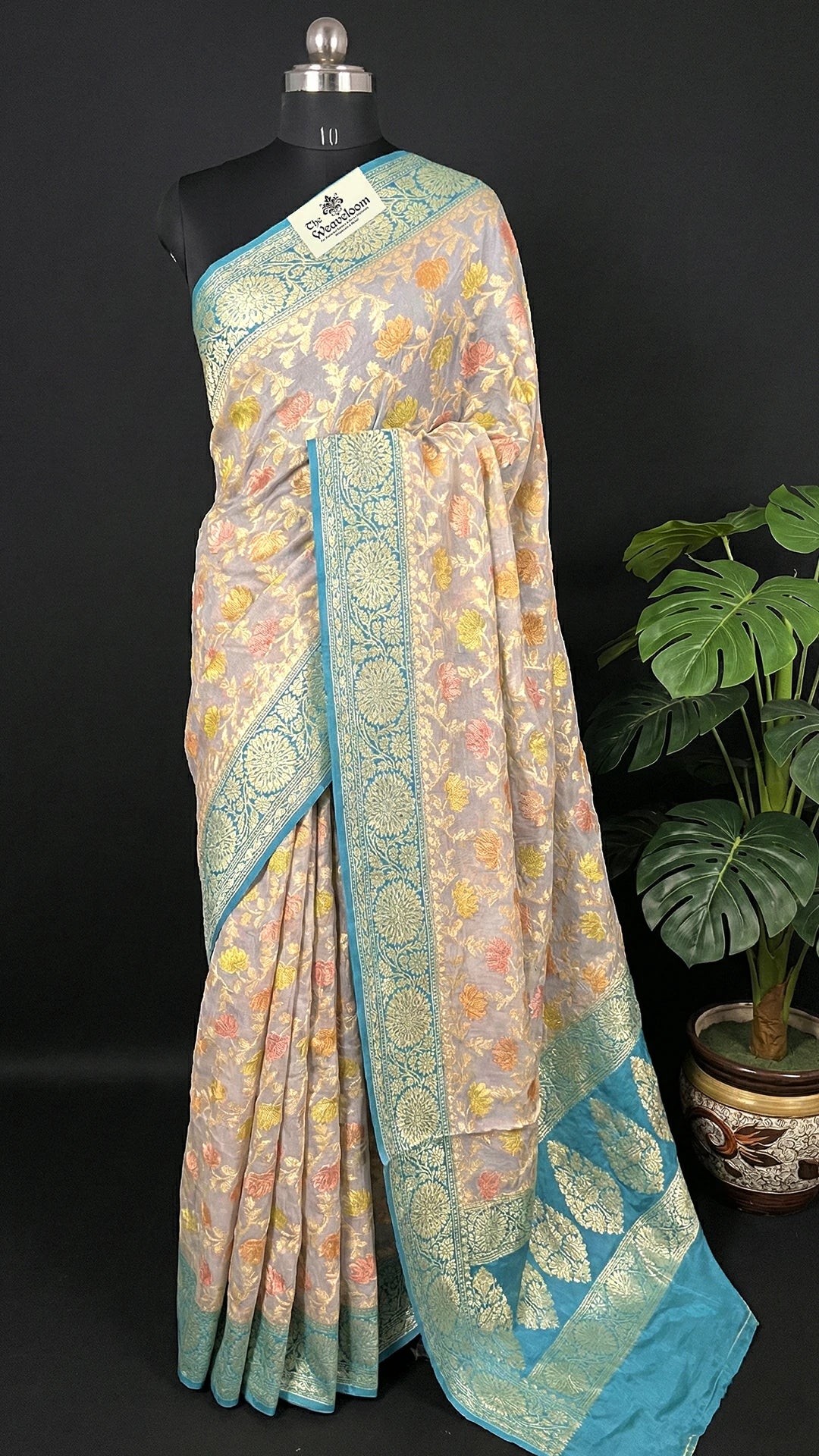 Grey & Green Dual Tone Floral Crepe Georgette Pure Banarasi Saree by The Weaveloom