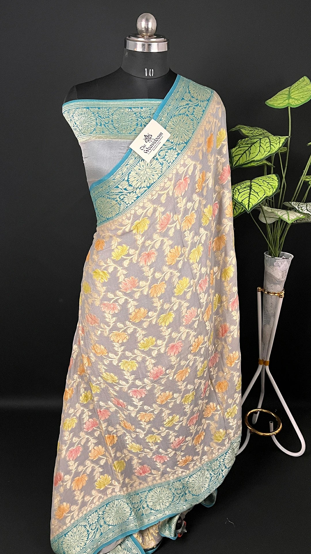 Grey & Green Dual Tone Floral Crepe Georgette Pure Banarasi Saree by The Weaveloom