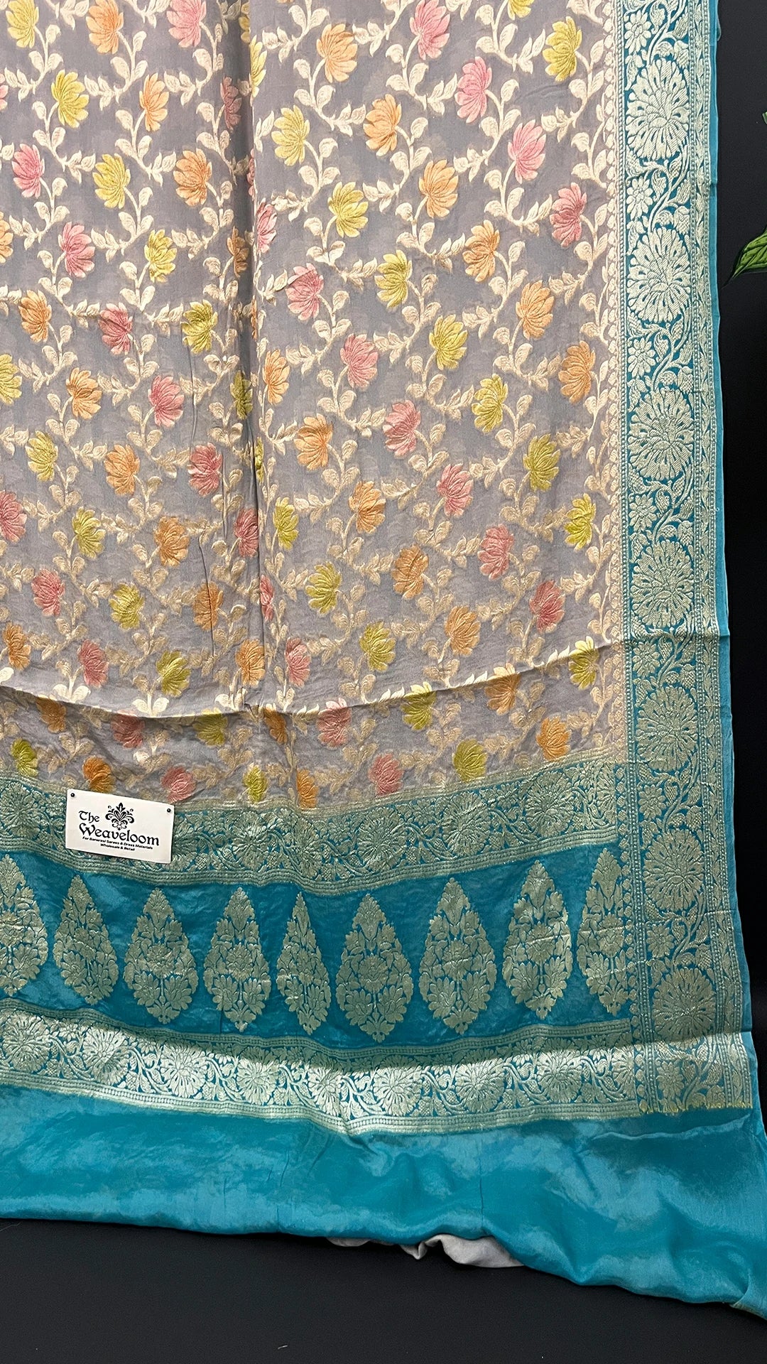 Grey & Green Dual Tone Floral Crepe Georgette Pure Banarasi Saree by The Weaveloom