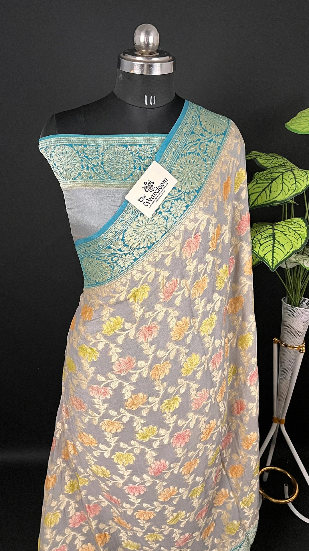 Grey & Green Dual Tone Floral Crepe Georgette Pure Banarasi Saree by The Weaveloom