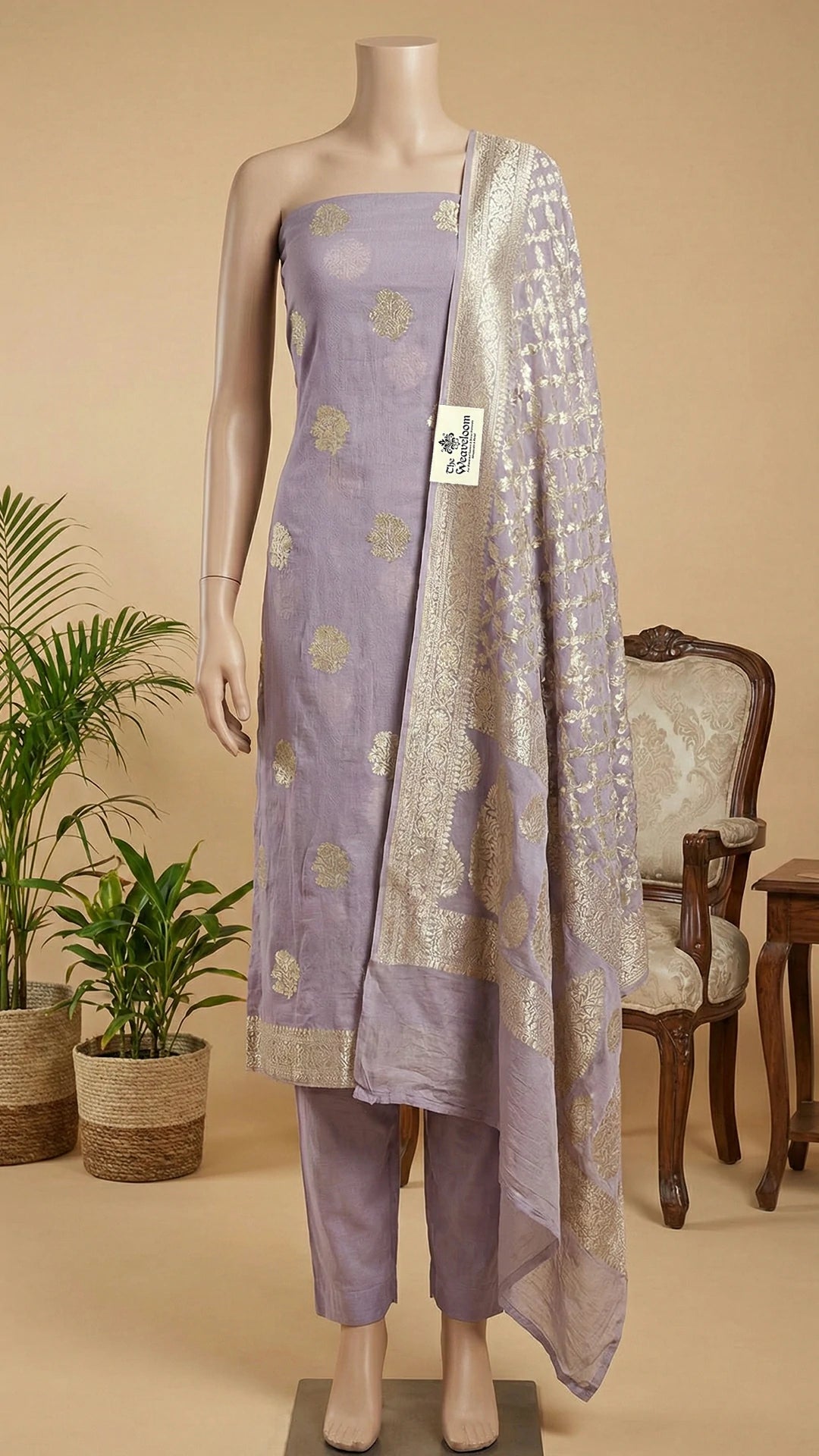 Grey Khaddi Georgette Pure Banarasi Dress Material with Jaal Work Dupatta by The Weaveloom