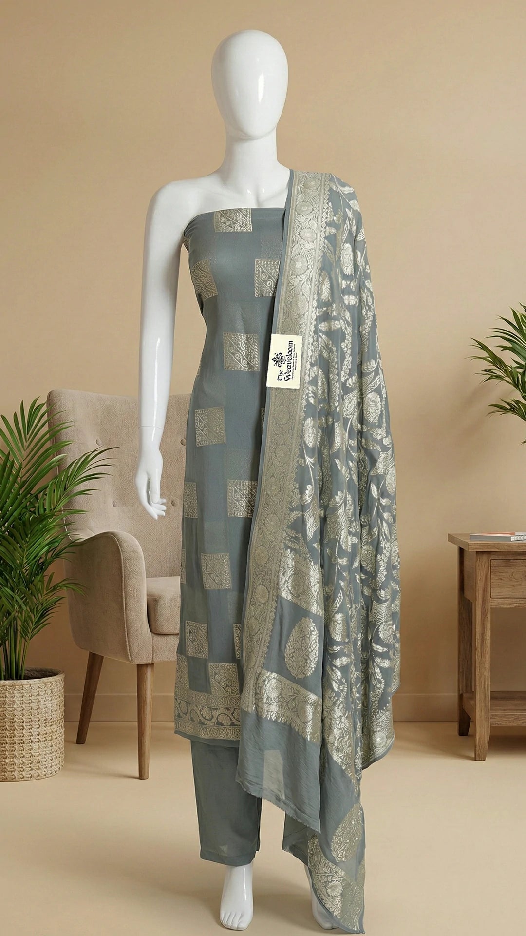 Grey Khaddi Georgette Pure Banarasi Dress Material with Water Zari Jaal Dupatta by The Weaveloom