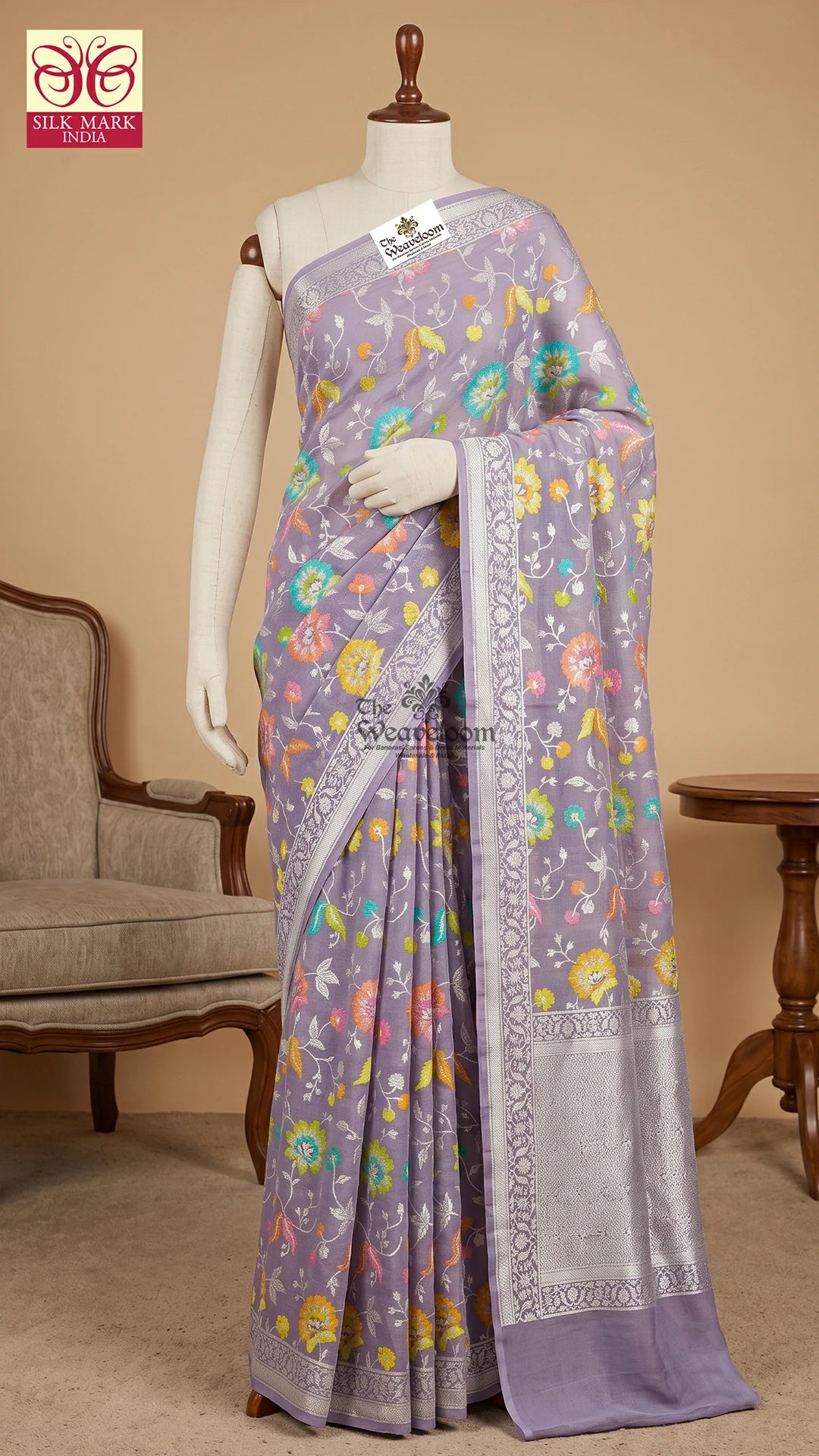 Grey Meenakari Floral Tussar Georgette Pure Banarasi Saree by The Weaveloom