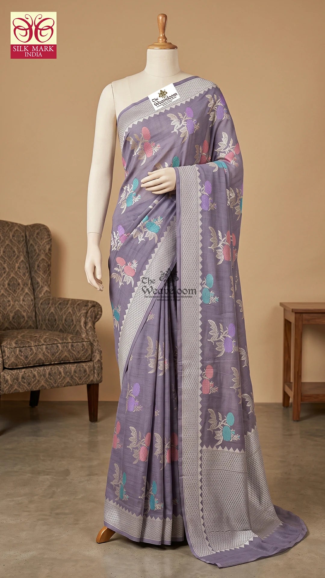 Grey Meenakari Floral Tussar Georgette Pure Banarasi Saree by The Weaveloom