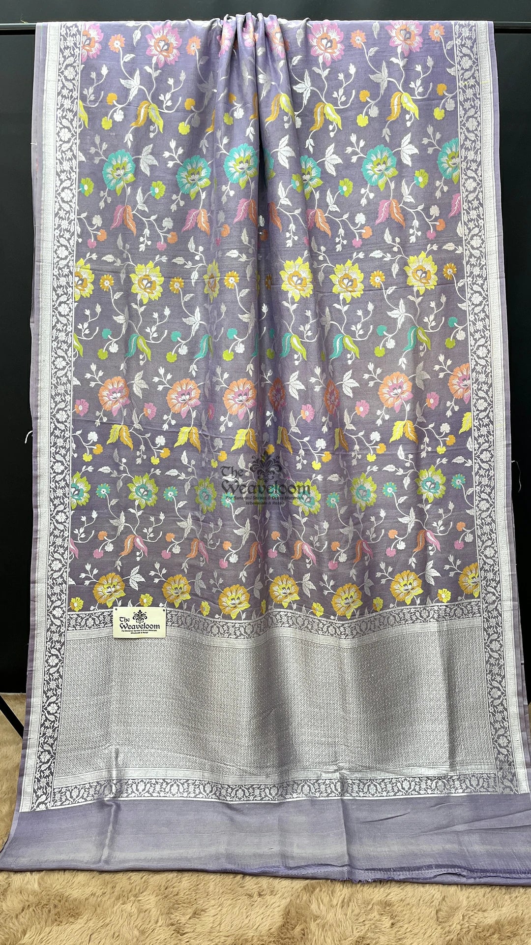 Grey Meenakari Floral Tussar Georgette Pure Banarasi Saree by The Weaveloom