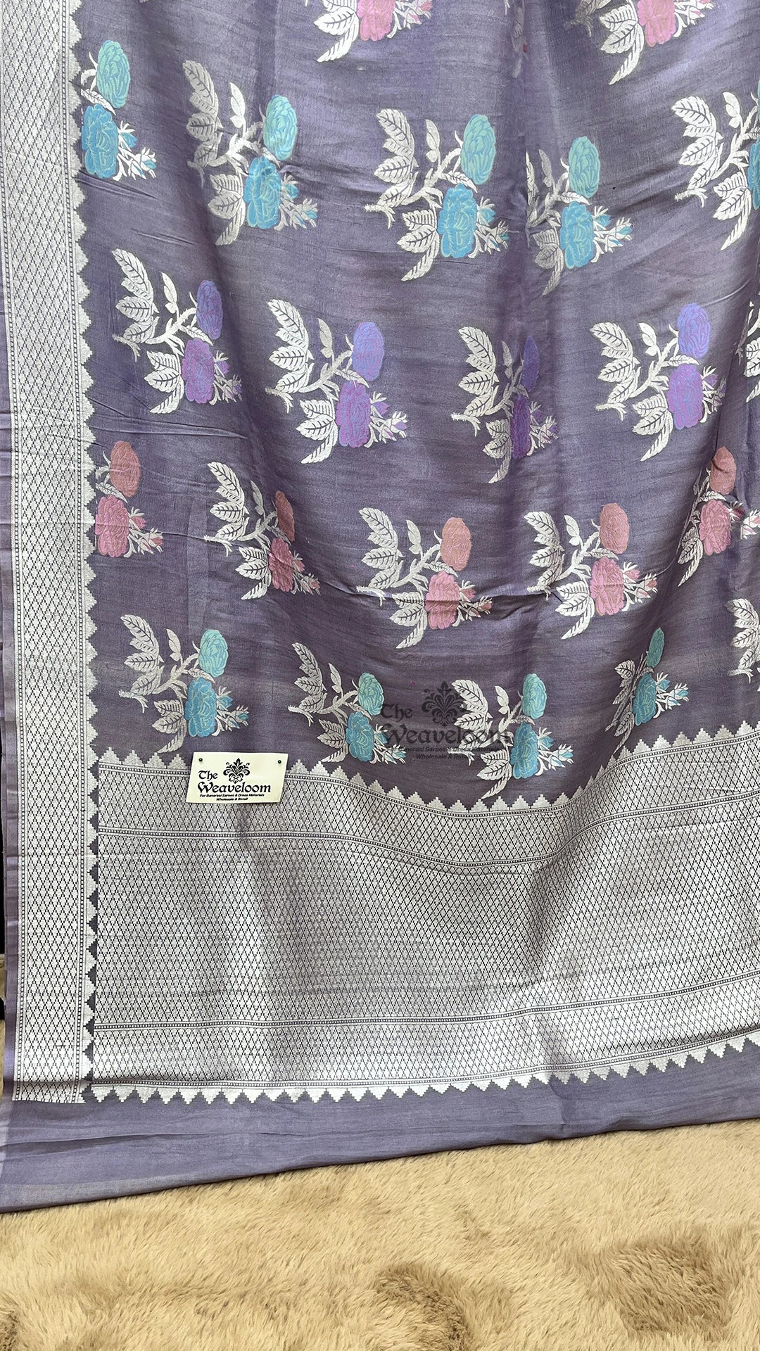 Grey Meenakari Floral Tussar Georgette Pure Banarasi Saree by The Weaveloom