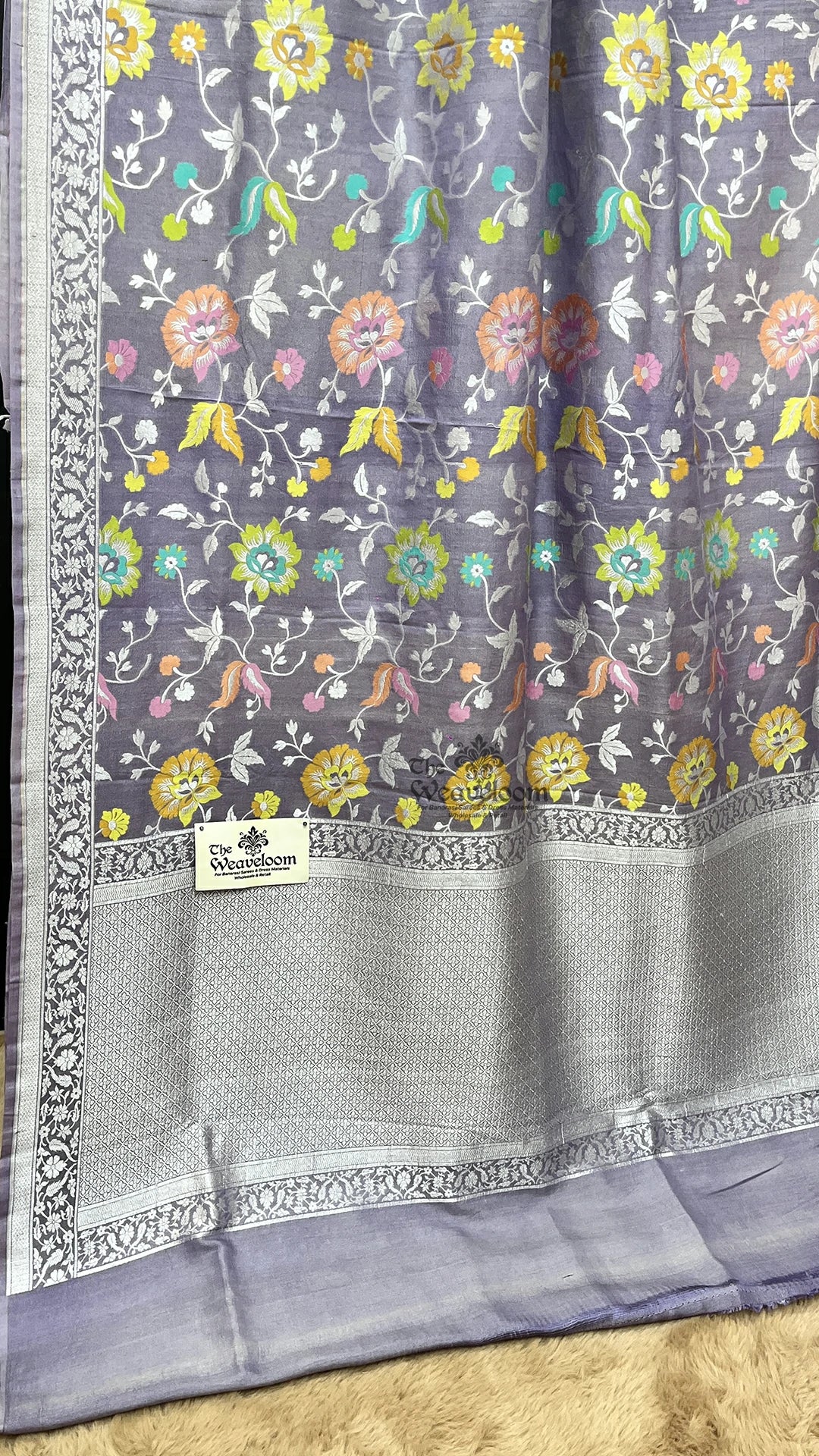 Grey Meenakari Floral Tussar Georgette Pure Banarasi Saree by The Weaveloom