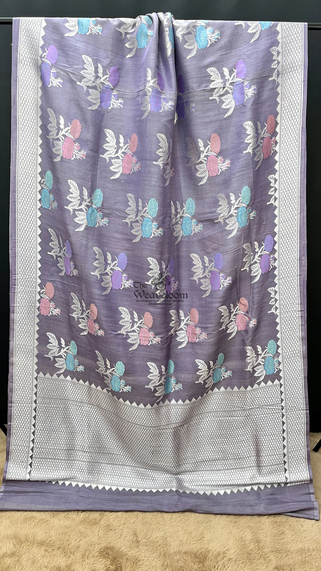 Grey Meenakari Floral Tussar Georgette Pure Banarasi Saree by The Weaveloom
