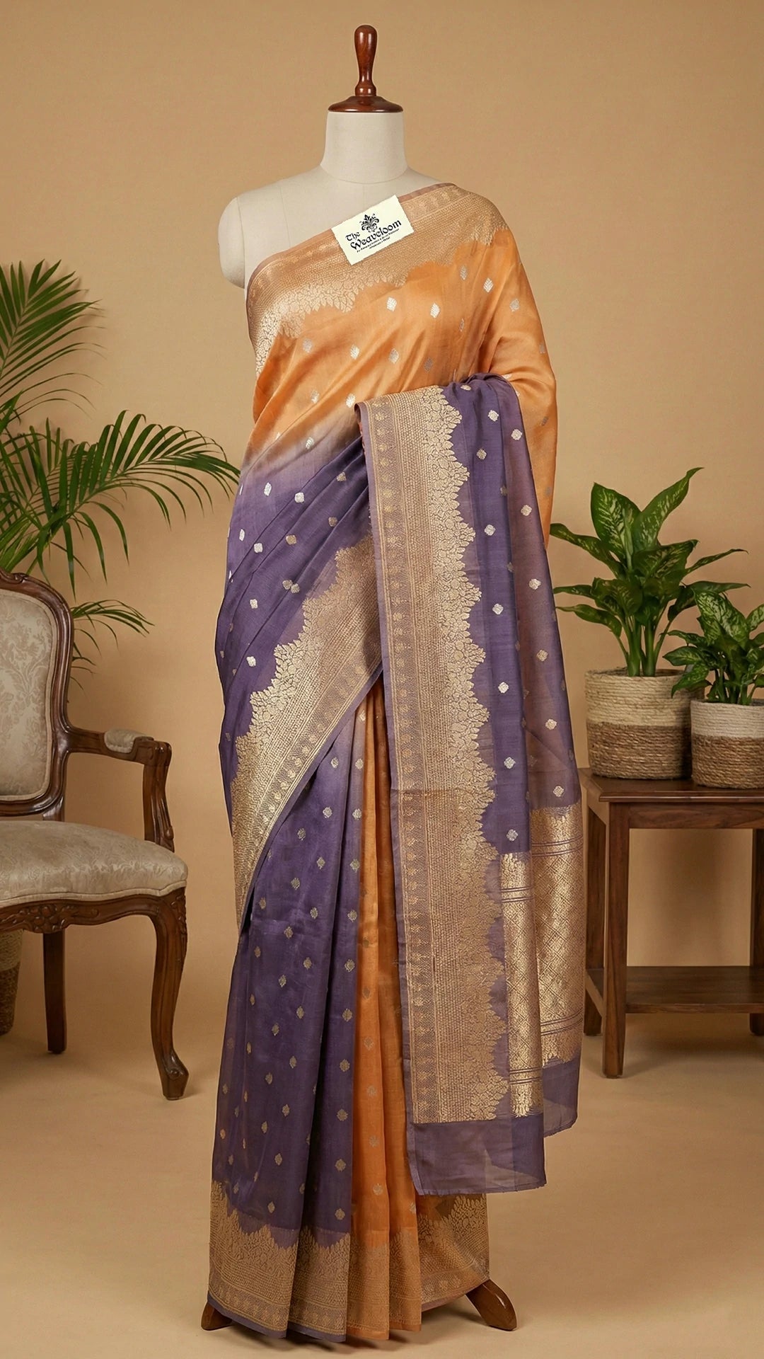 Grey and Peach Dual Color Kora Silk Banarasi Saree With Sona Rupa Zari Buti – The Weaveloom