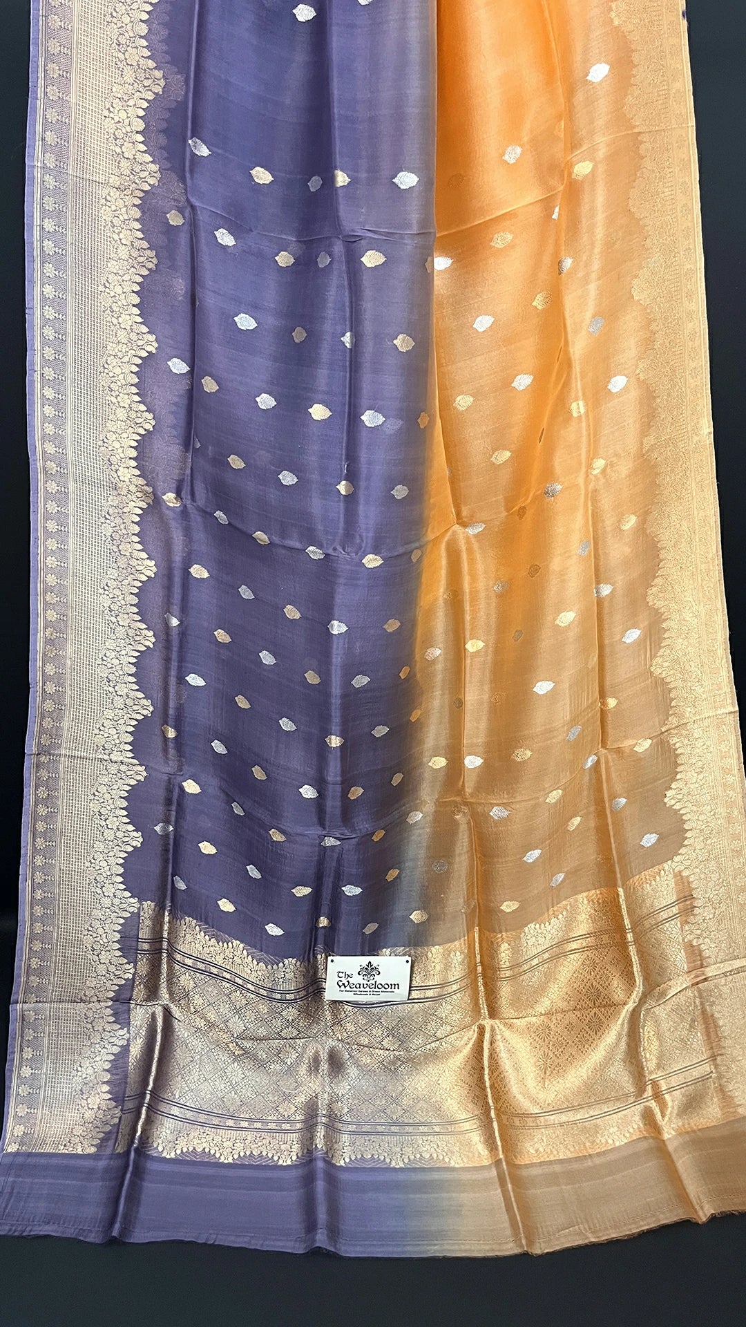 Grey and Peach Dual Color Kora Silk Banarasi Saree With Sona Rupa Zari Buti – The Weaveloom