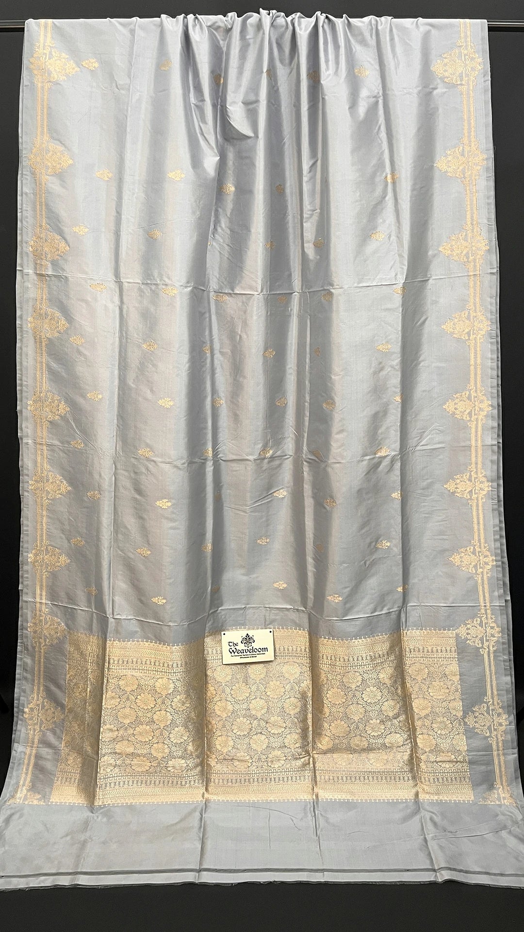 Grey Pure Katan Silk Handloom Banarasi Saree with Golden Zari Kadwa Border – The Weaveloom