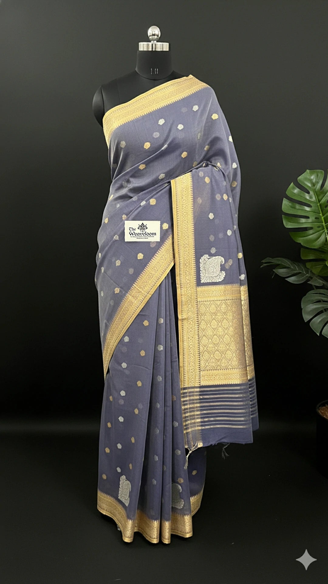 Grey Pure Kora Cotton Handloom Banarasi Saree with Kadwa Buti and Zari Border by The Weaveloom