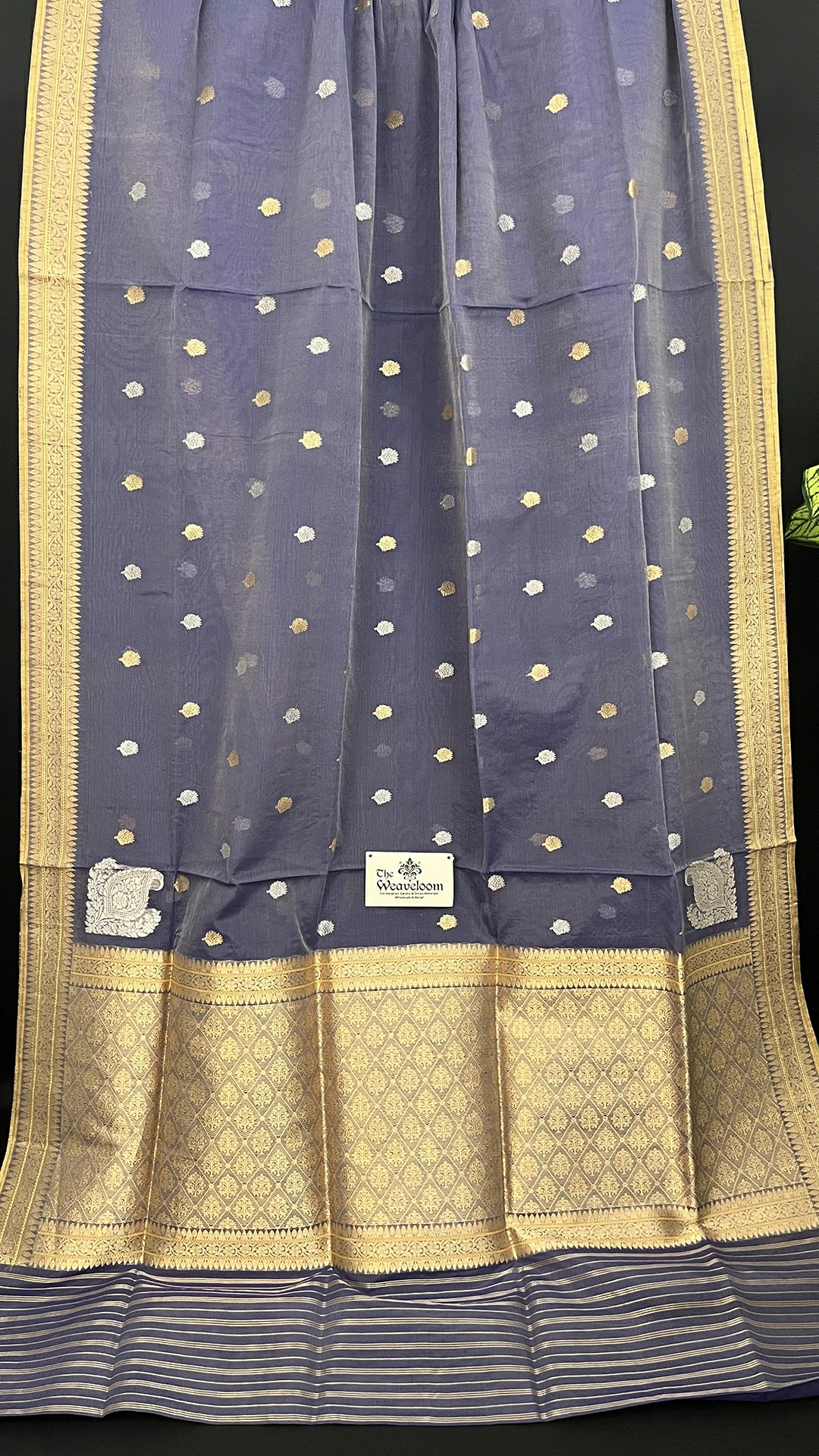 Grey Pure Kora Cotton Handloom Banarasi Saree with Kadwa Buti and Zari Border by The Weaveloom