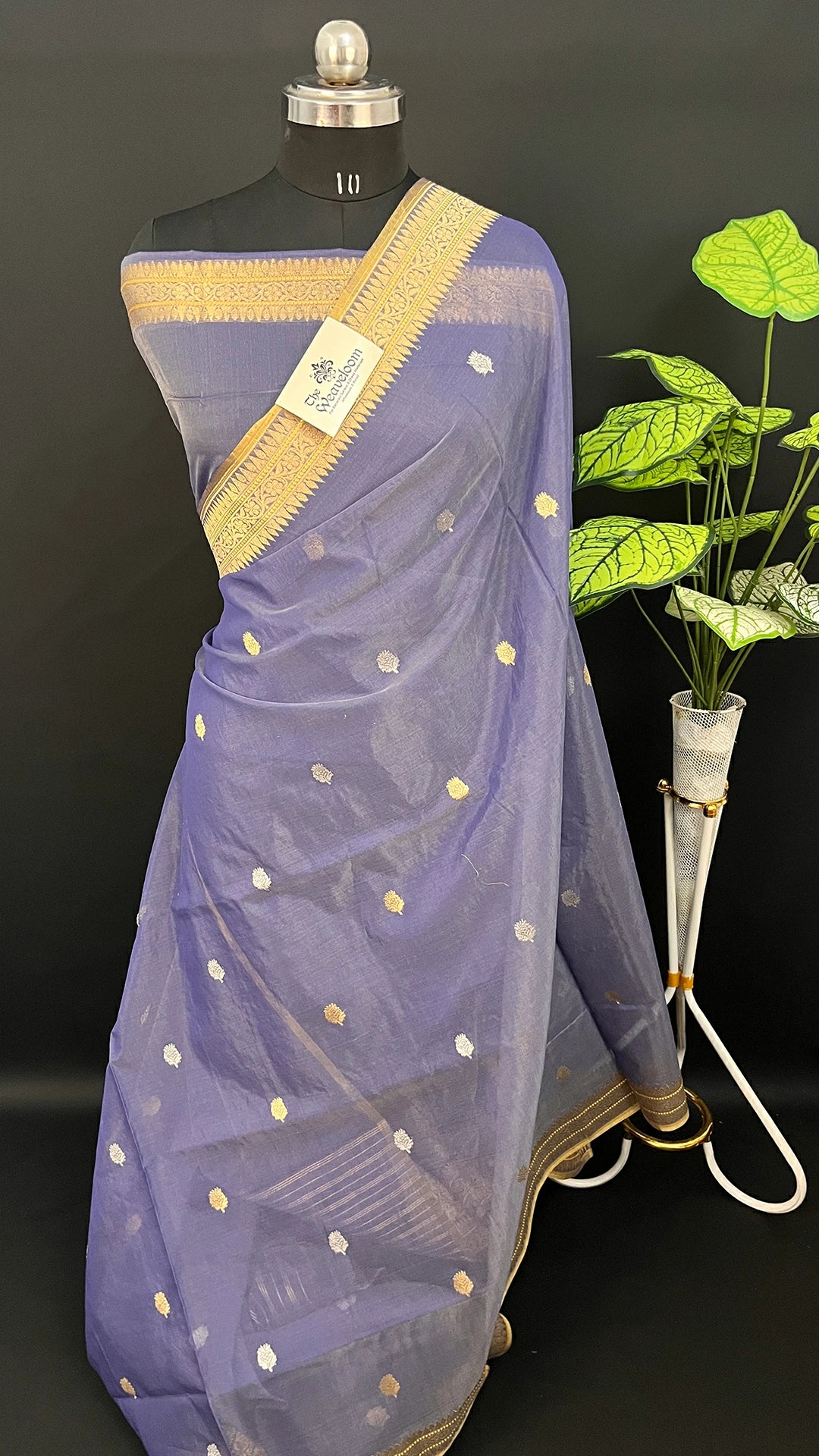 Grey Pure Kora Cotton Handloom Banarasi Saree with Kadwa Buti and Zari Border by The Weaveloom