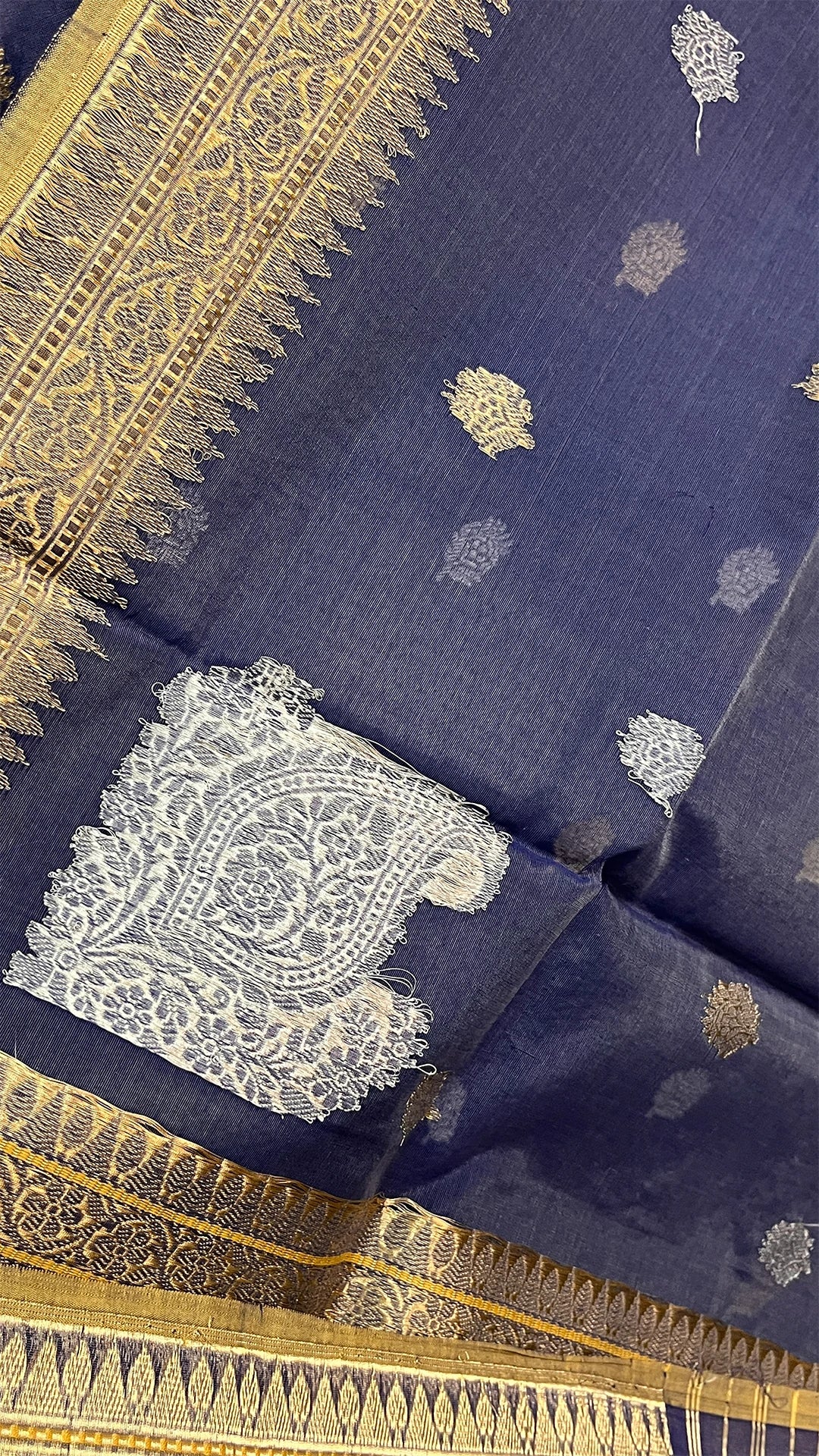 Grey Pure Kora Cotton Handloom Banarasi Saree with Kadwa Buti and Zari Border by The Weaveloom