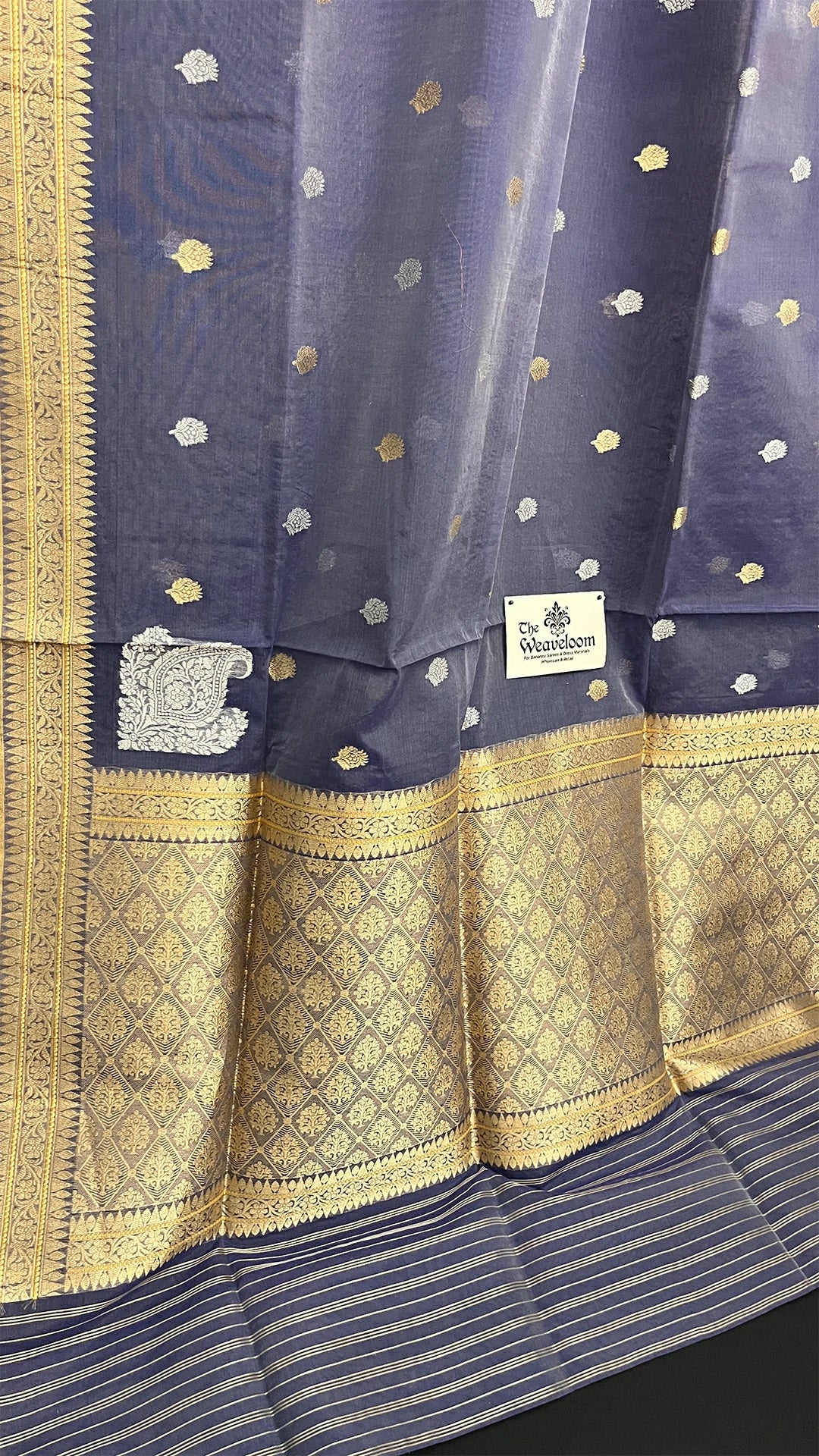 Grey Pure Kora Cotton Handloom Banarasi Saree with Kadwa Buti and Zari Border by The Weaveloom