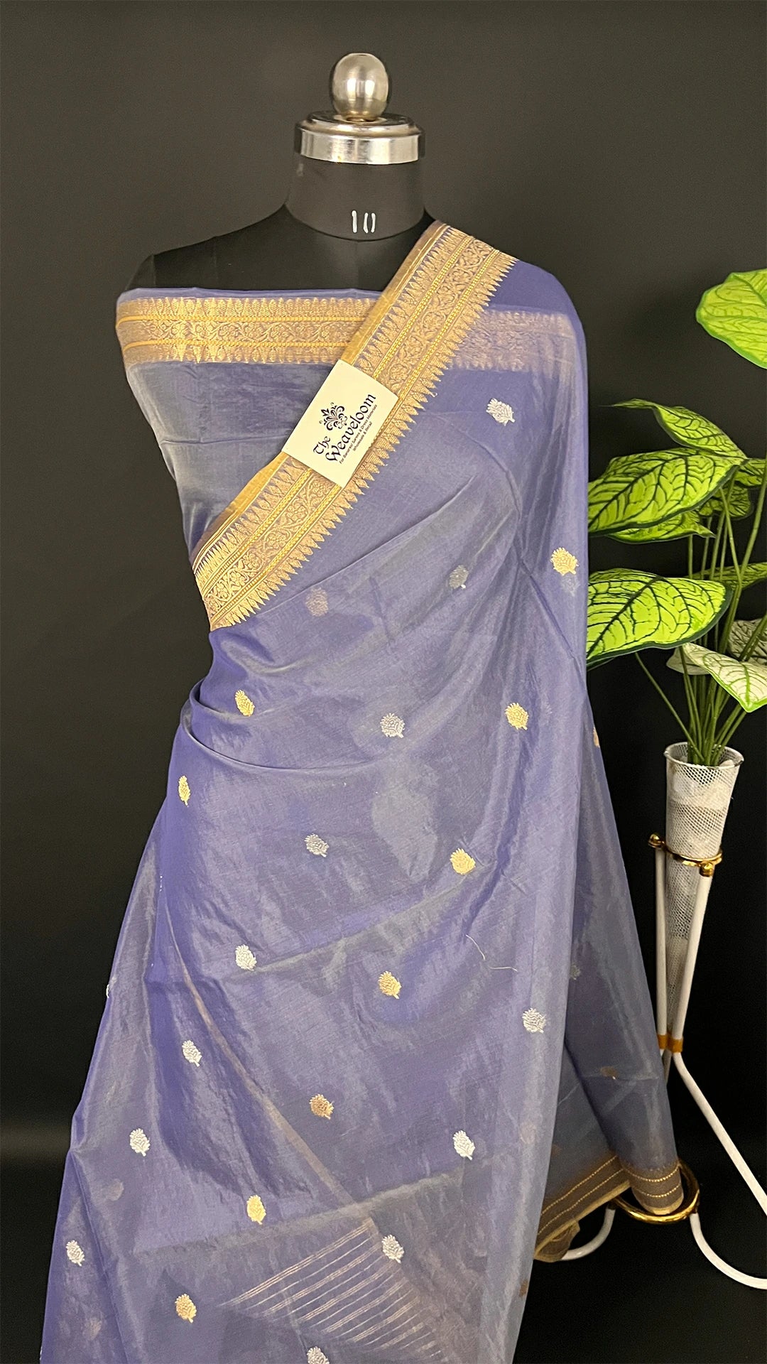 Grey Pure Kora Cotton Handloom Banarasi Saree with Kadwa Buti and Zari Border by The Weaveloom