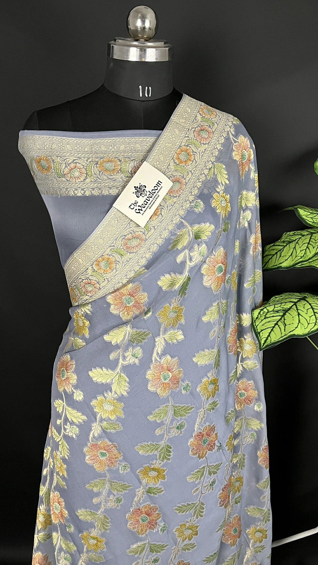 Grey Pure Viscose Georgette Saree with Handbrush Floral Work by The Weaveloom