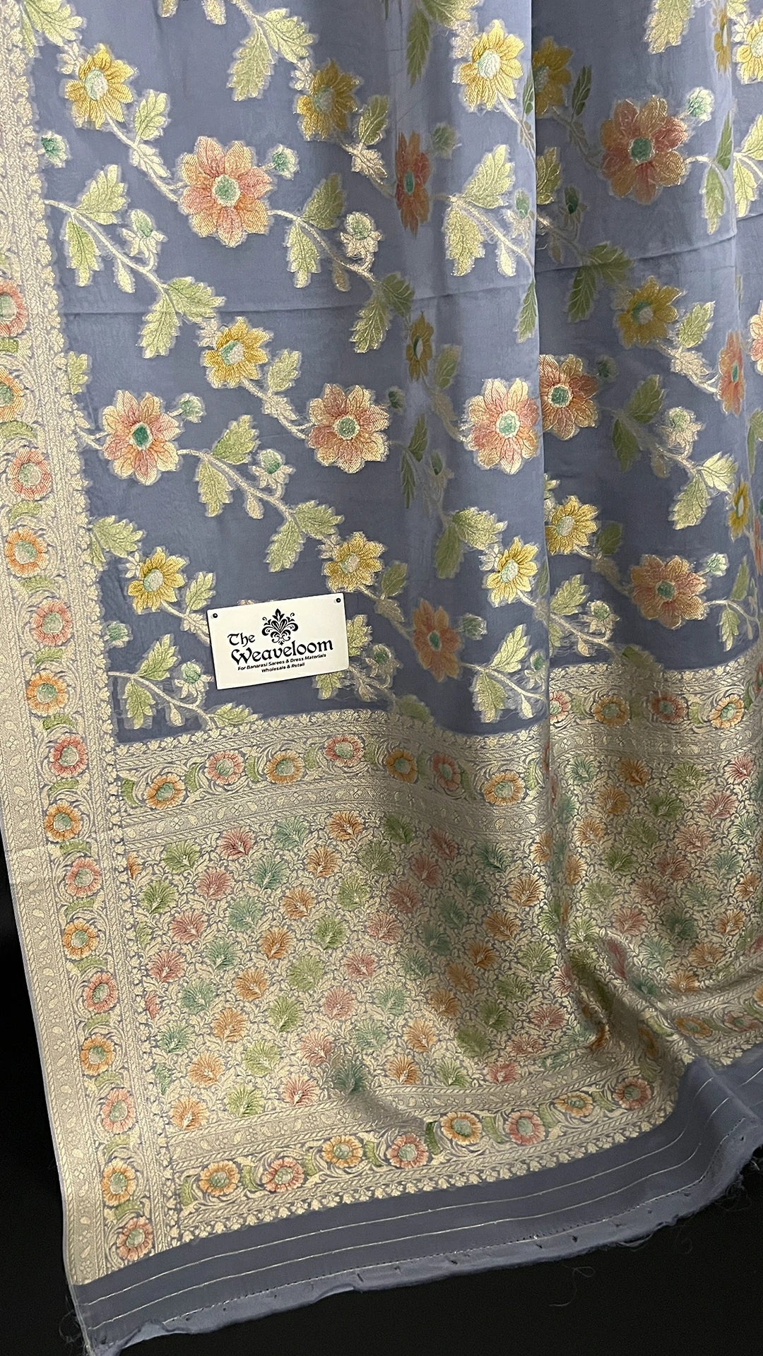 Grey Pure Viscose Georgette Saree with Handbrush Floral Work by The Weaveloom