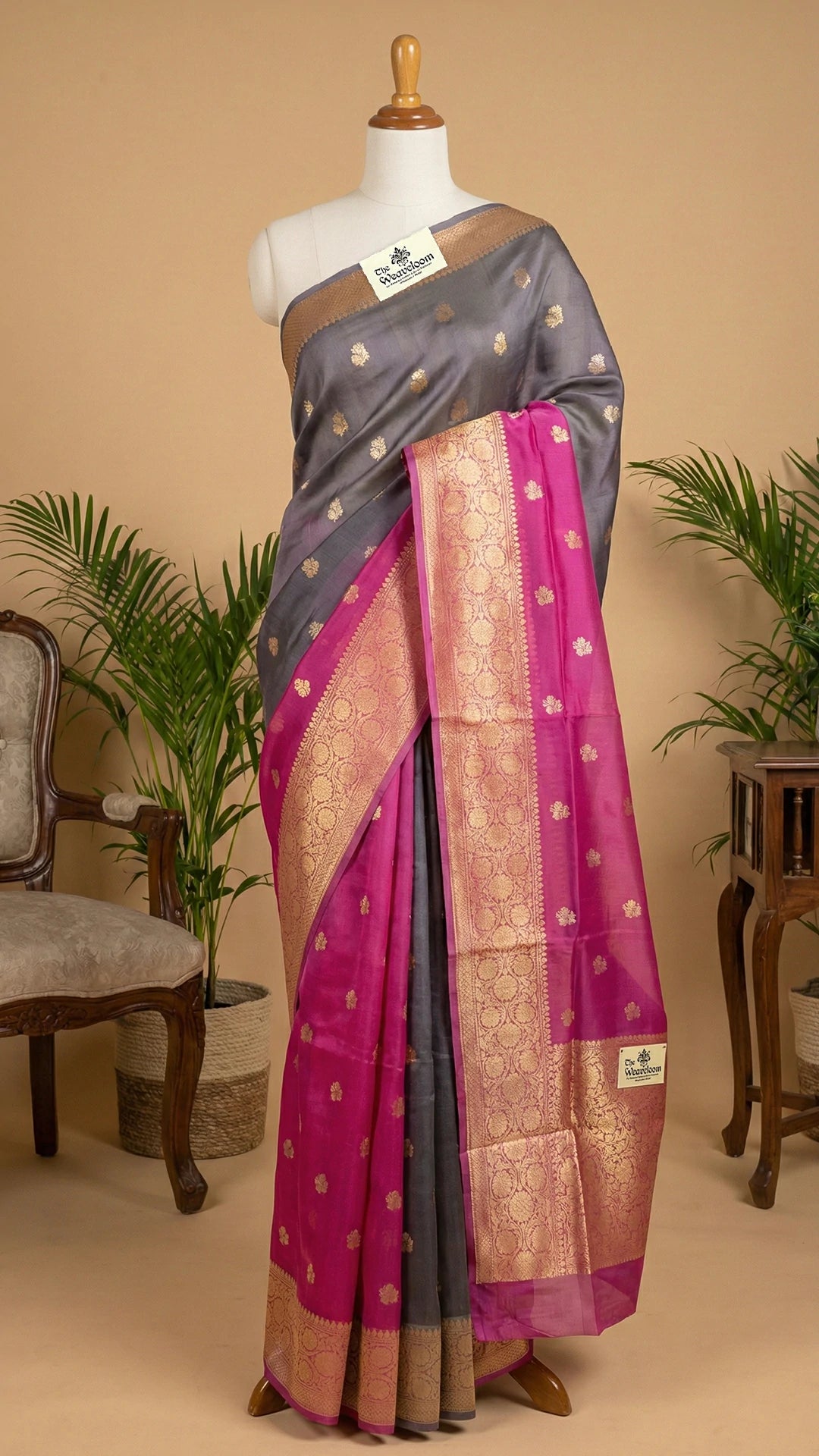 Grey and Rani Dual Color Kora Silk Banarasi Saree with Golden Zari Border Floral Buti by The Weaveloom