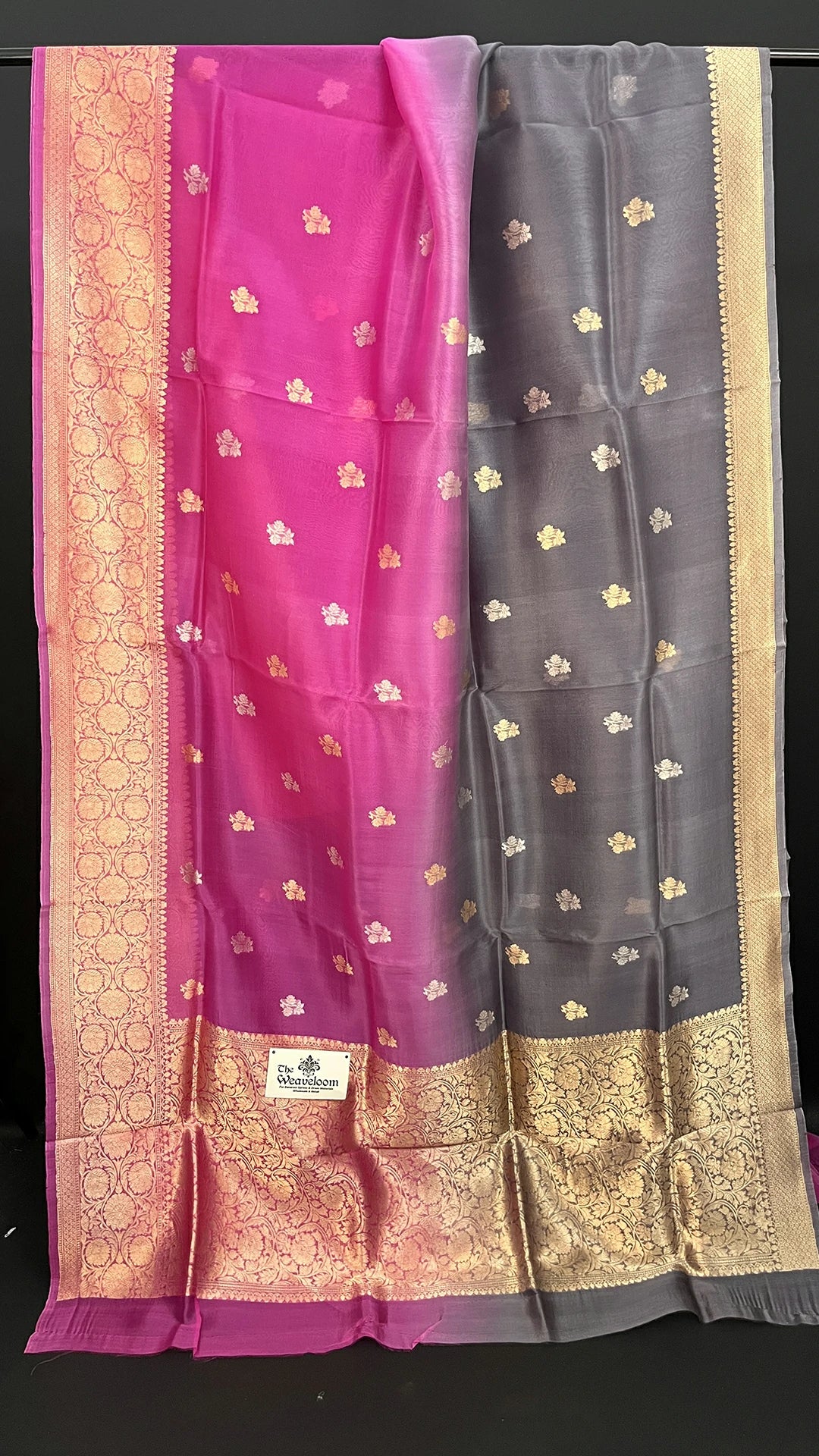 Grey and Rani Dual Color Kora Silk Banarasi Saree with Golden Zari Border Floral Buti by The Weaveloom